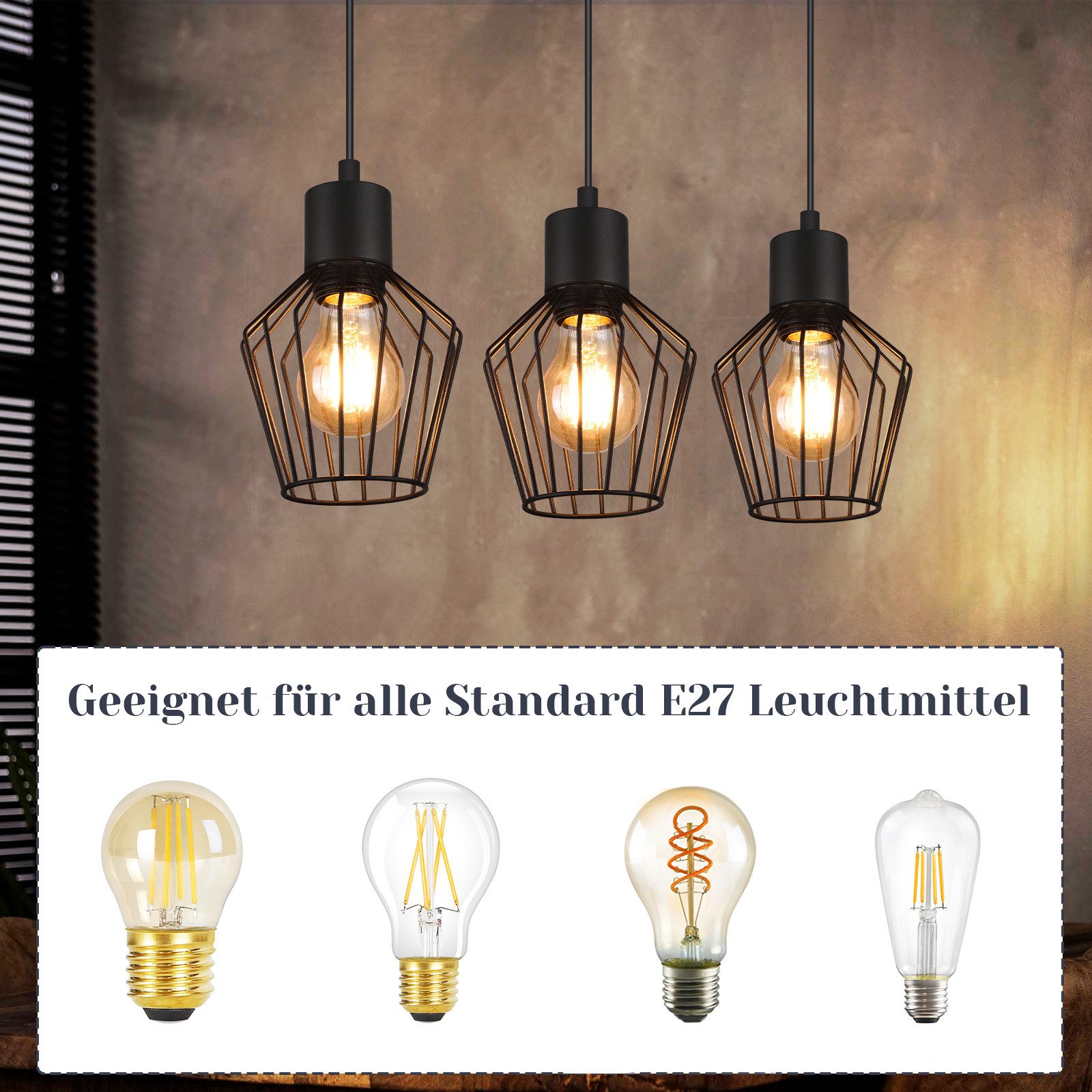 ZMH Pendelleuchte Esszimmer Schwarz 1 Flammig Industrie Esstisch Hängend Lampe für Küche, Robuste Struktur, ohne Leuchtmittel, Einstellbare Länge MAX. 40W Schla – Bild 3 von 5