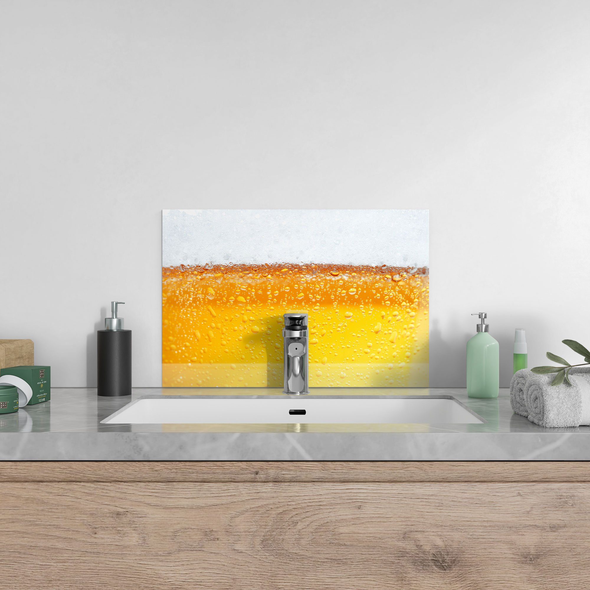 'Bier Spritzschutz DEQORI Schaumkrone', Badrückwand mit Herdblende Küchenrückwand Glas