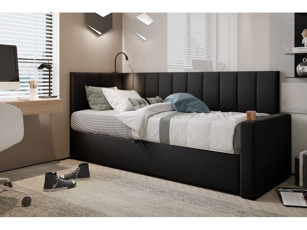 TRADA Boxspringbett TOKIO - Bett mit Lampe, Getränkehalter, USB-C (Bett + Matratze), Mit seitlichem Bettkasten, Lampe, USB-C & Getränkehalter