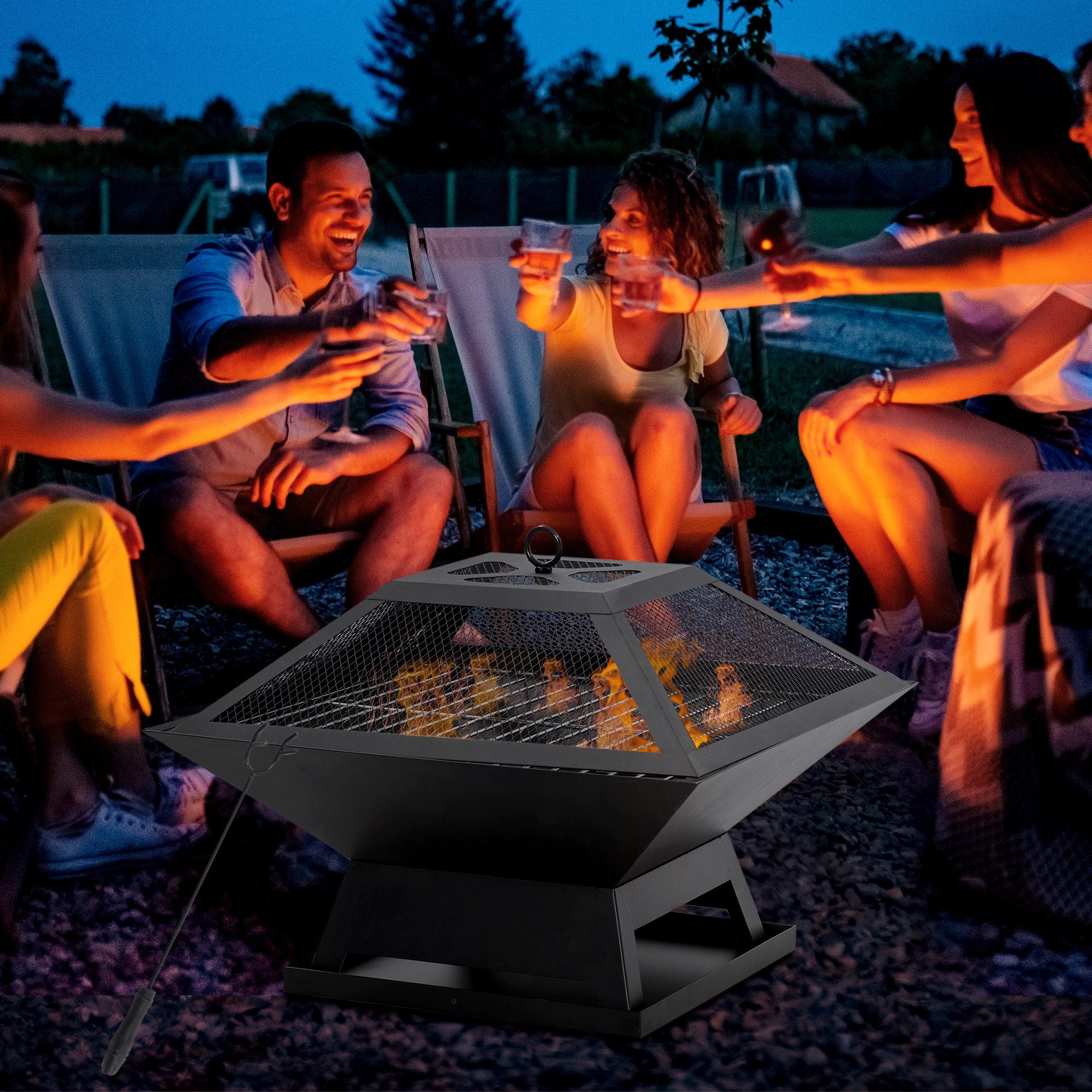 Outsunny Feuerschale Feuerstelle Schürhaken Feuerkorb für Garten, Balkon, BBQ Camping, (Grillrost, 1-St., Feuerschale mit Funkenschutz), Stahl Schwarz 45 x 45 x 34 cm