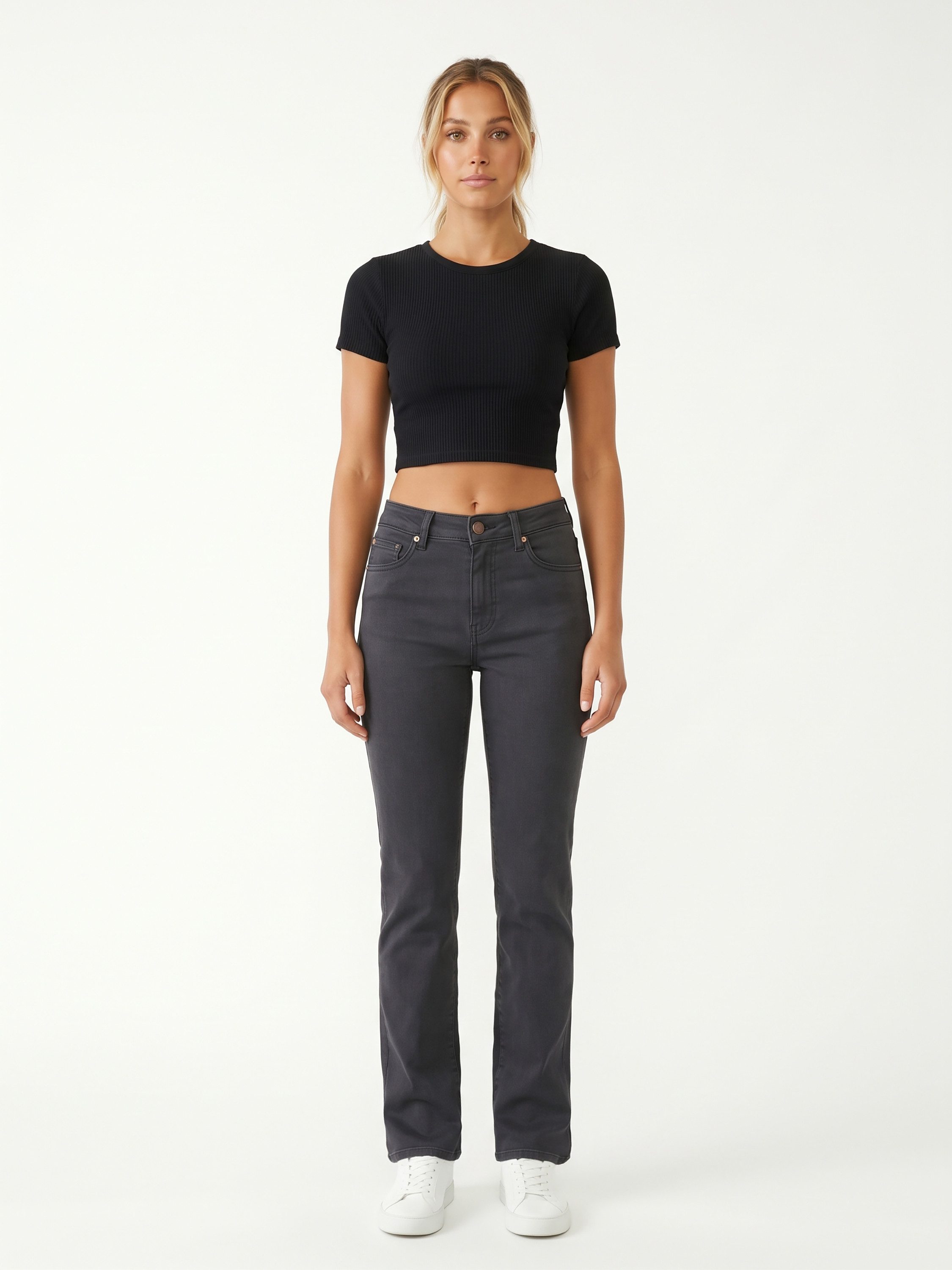 ESRA Stoffhose Damen Straight Fit Hose High Waist Business-Hose bis Große Größe T101 High Waist Damen Stoffhose Straight Leg Stretch Hose Gerade Schnitt