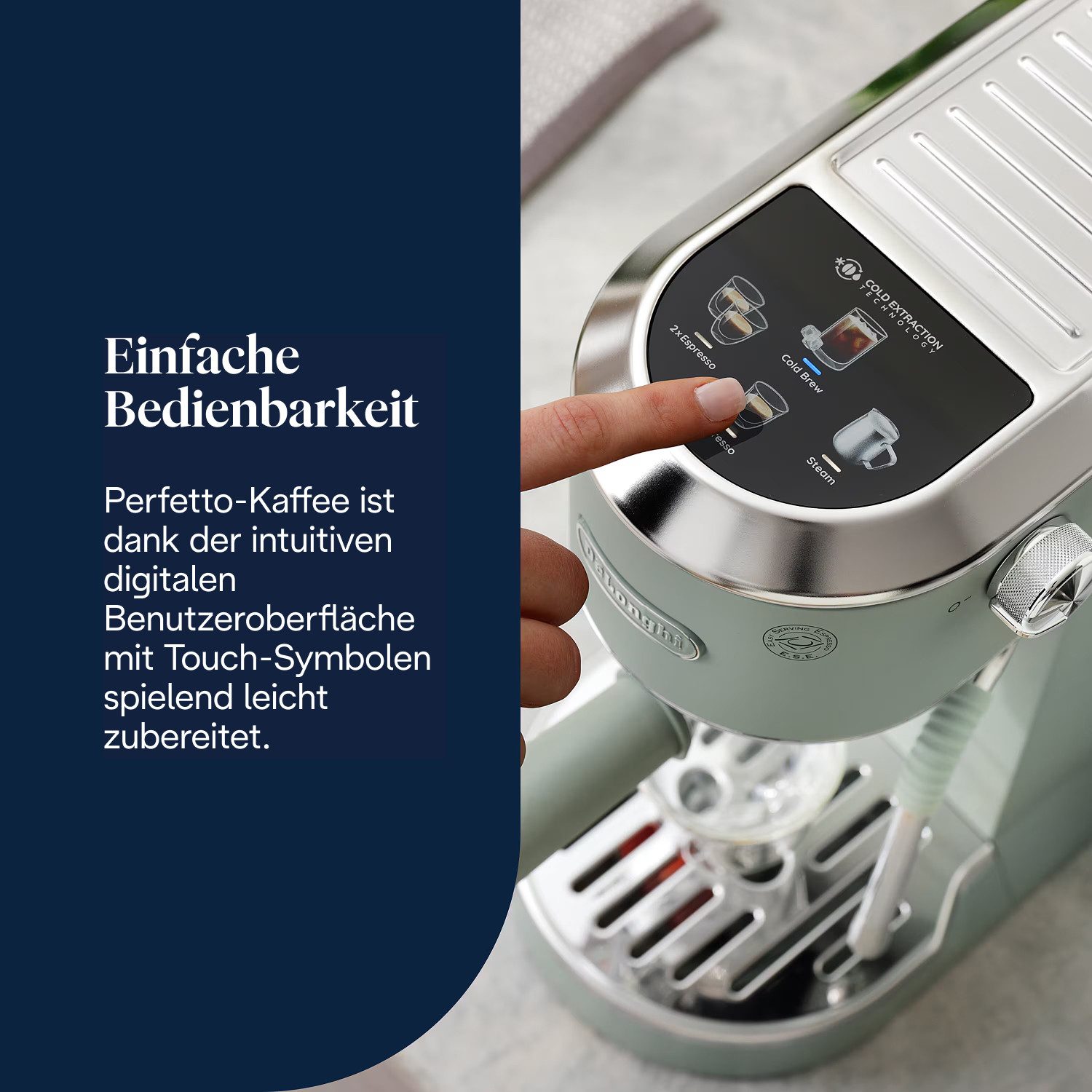 De'Longhi Espressomaschine Dedica Duo EC890.GR - Espresso & Cold Brew, 15 Bar, Touch-Buttons, Cold Brew in unter 5 Minuten, 15 cm breit, 1,1L, inkl. Milchschaumdüse