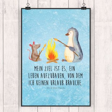 Mr. & Mrs. Panda Poster DIN A2 Pinguin Lagerfeuer - Eisblau - Geschenk, Designposter, Küchenp, Pinguin Lagerfeuer (1 St)