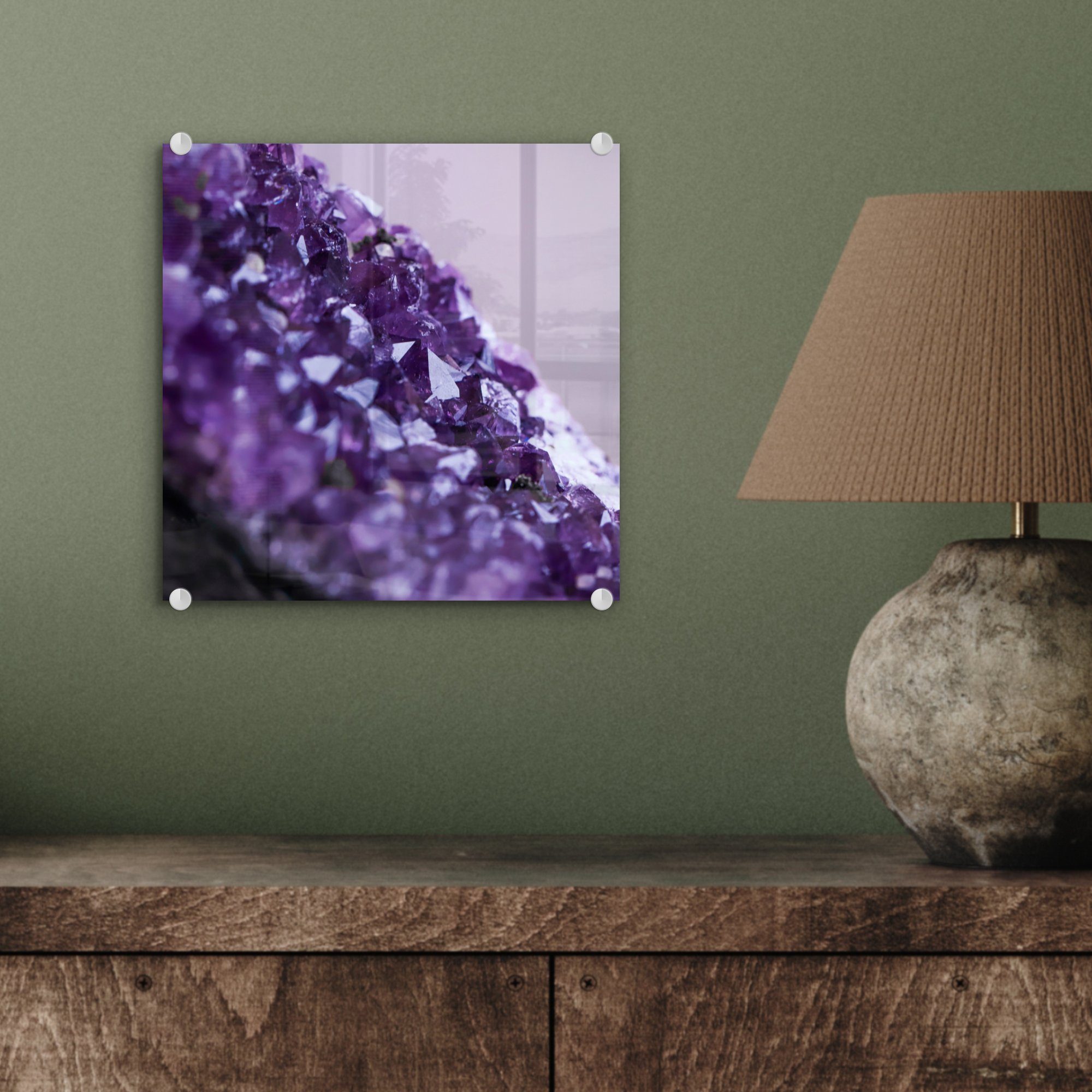 MuchoWow Acrylglasbild Nahaufnahme violetten Glasbilder St), Foto - eines Glas auf - Wanddekoration auf Bilder Amethysten, Wandbild - (1 Glas