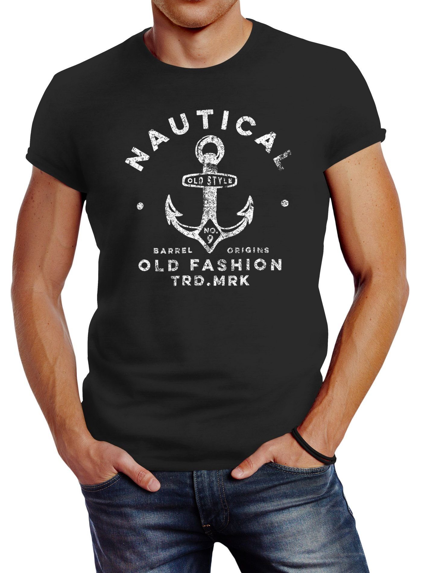 Neverless Print-Shirt Neverless® Herren T-Shirt Anker Motiv Schriftzug Nautical Old Fashion Retro Design Fashion Streetstyle mit Print schwarz