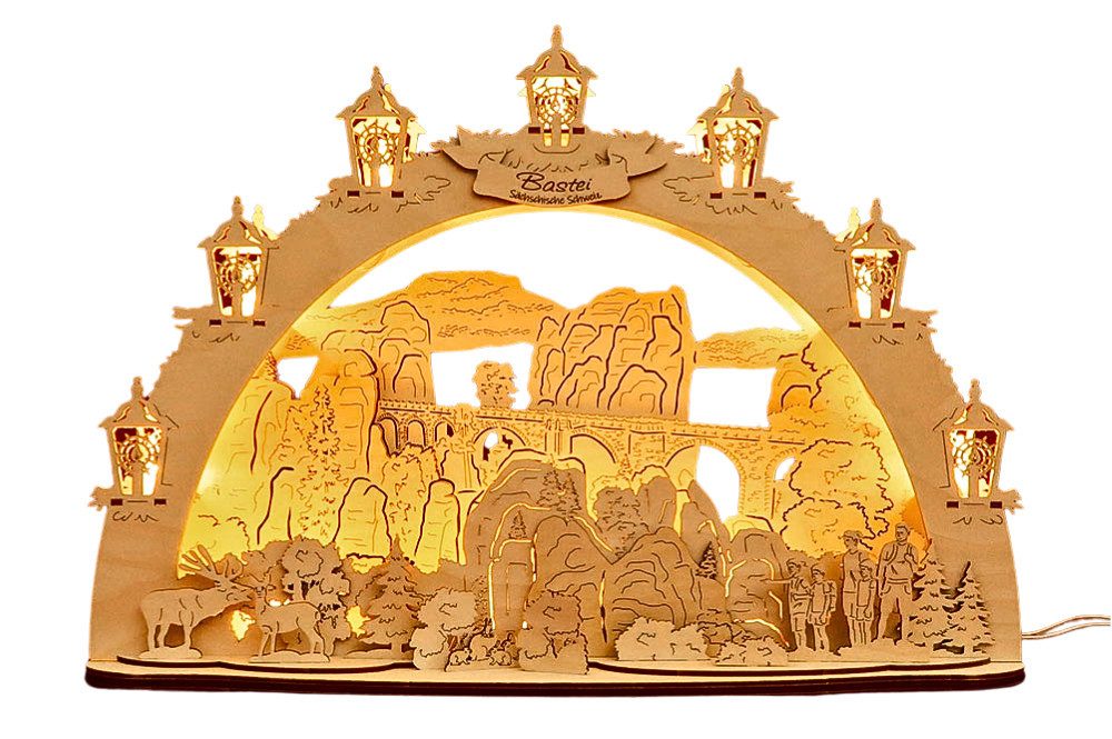 DeColibri LED Schwibbogen 3D LED Schwibbogen Bastei Festung Sächsische Schweiz - mit Netzkabel, Holzkunst aus Sachsen