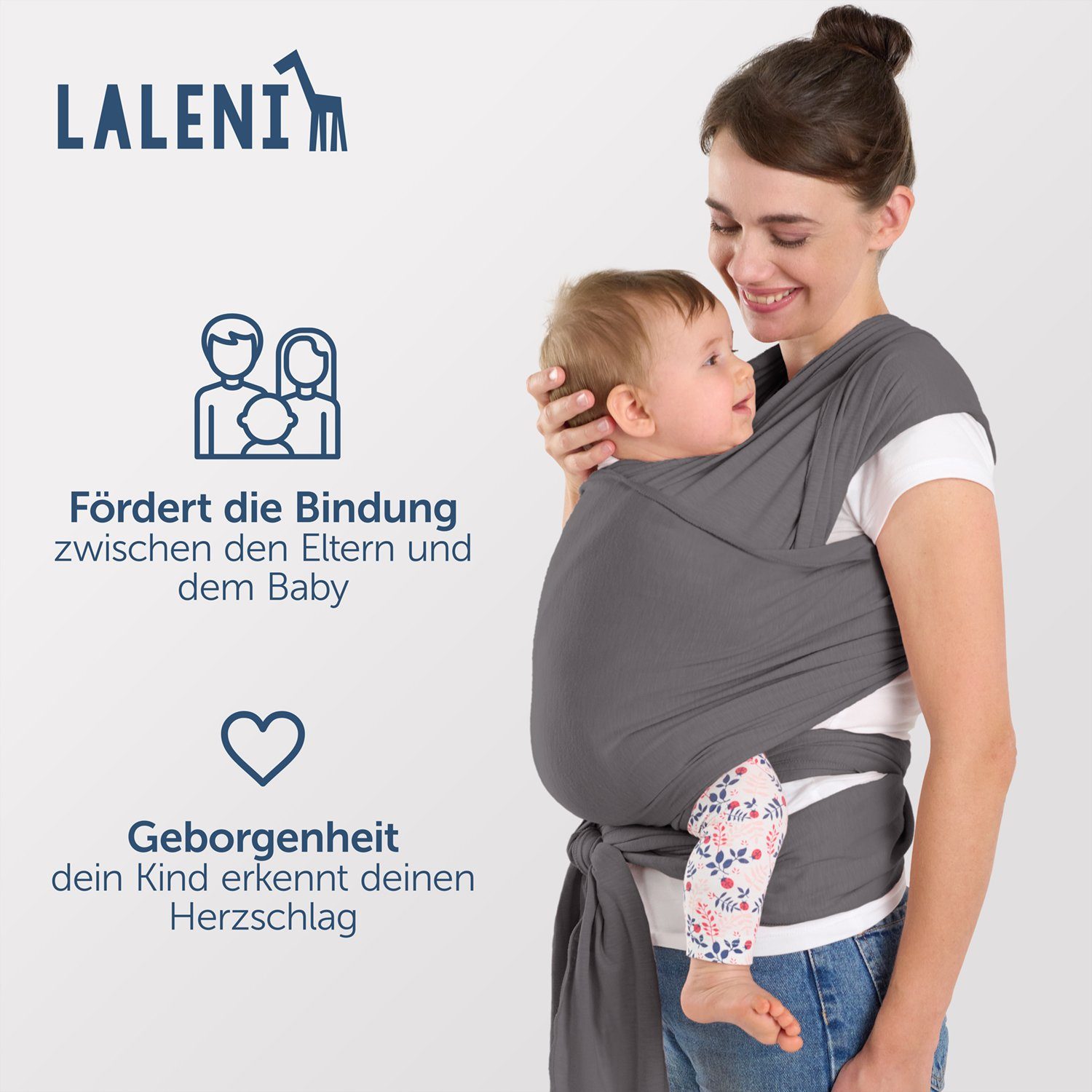 Laleni Tragetuch Neugeborene 16kg Grau bis - für 100% elastisch Babytragetuch Bio-Baumwolle, weiche