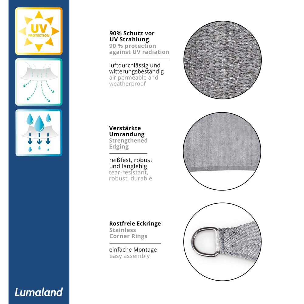 Lumaland Rectangular Sun Shade Sail 2x3 Meters Light Grey, Weatherproof, 100% HDPE with Stabilizer for UV Protection