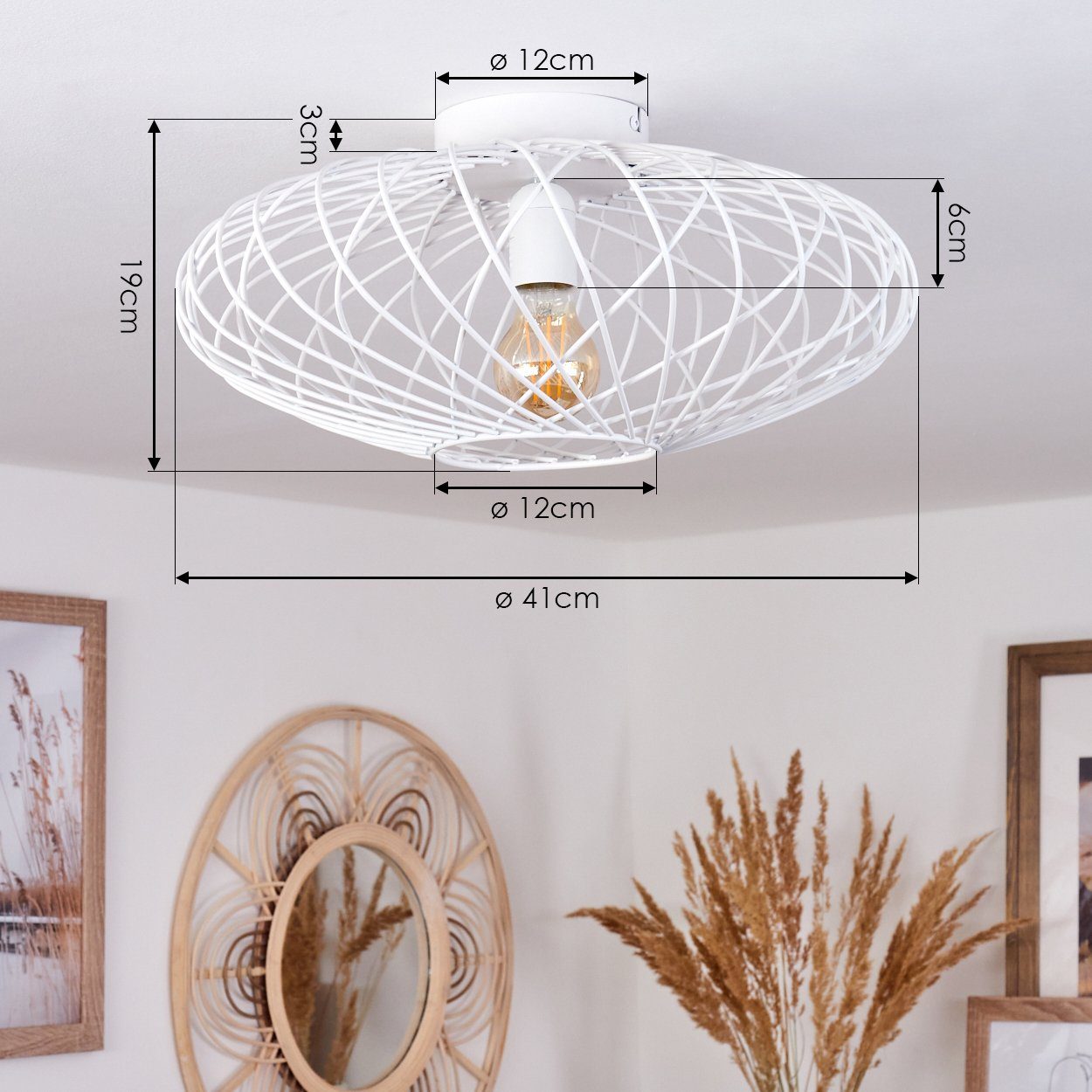 hofstein Deckenleuchte »Pieris« runde Deckenlampe aus Metall in Weiß, ohne Leuchtmittel, Retro-Leuchte mit Lichteffekt durch Gitter-Optik, Ø41cm, E27 – Bild 4 von 5