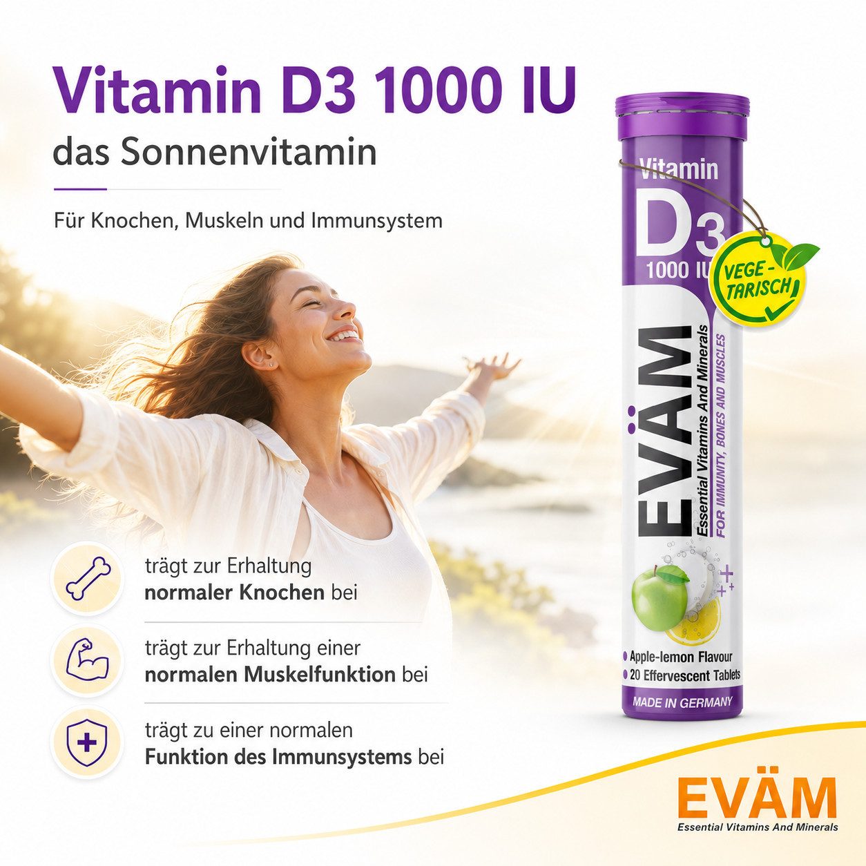 EVÄM Vitamin D3 1000 I.E., Apfel-Zitrone – 25 µg = 500% NRV, vegetarisch Brausetabletten, 2 er Rörchen à 20 St., 164 g, made in Deutschland