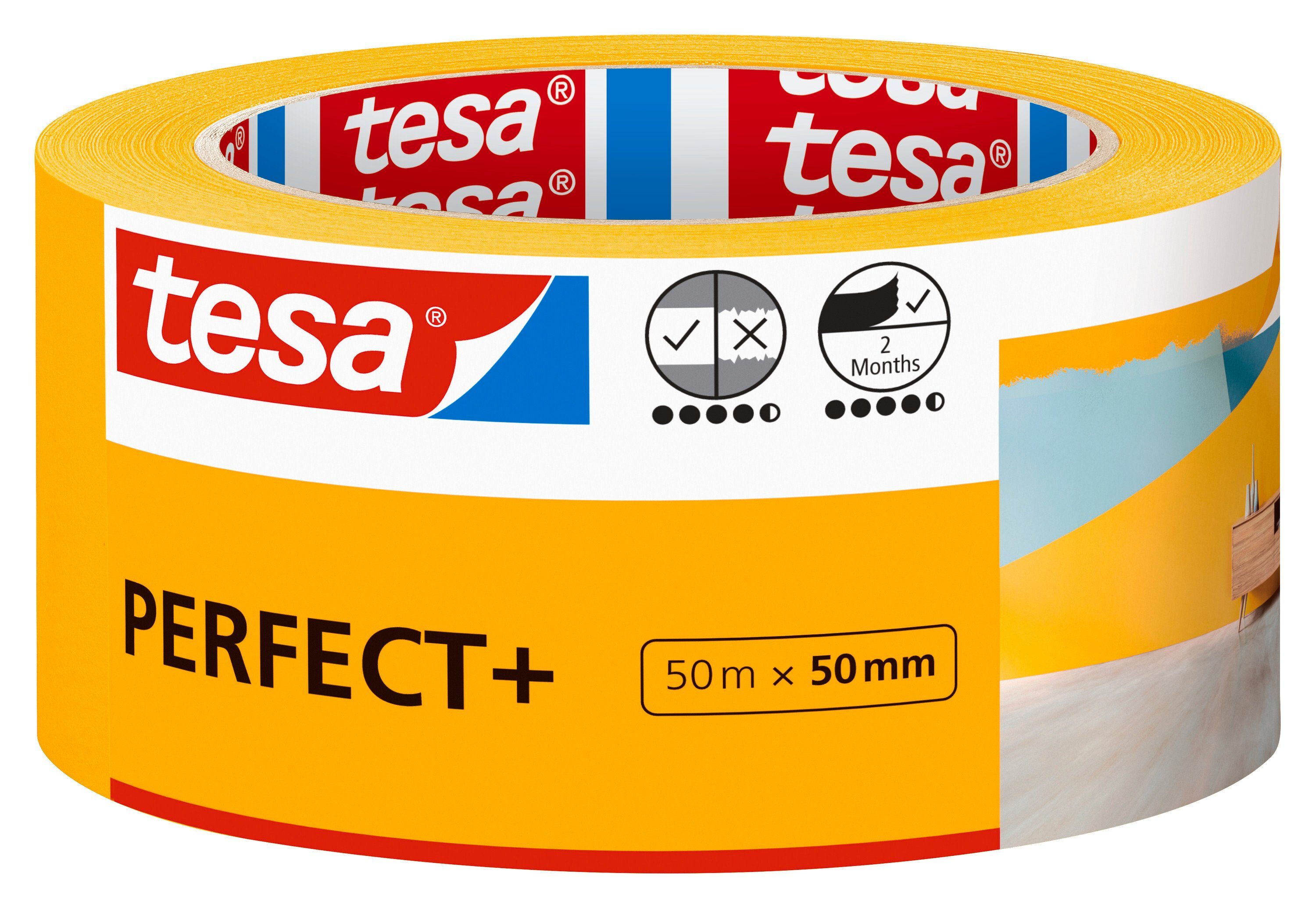 tesa Malerband mm - - : für m für 50 sauberes Abkleben Abklebeband 50 PERFECT+ 1-St) gelb im Innenbereich Kreppband Malerarbeiten (Packung,