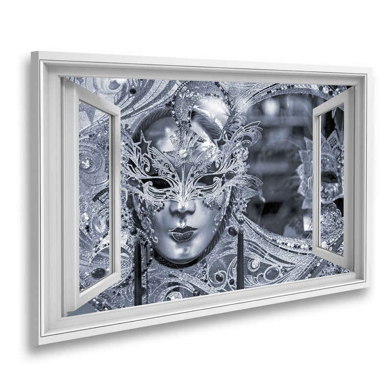 islandburner Leinwandbild Fensterblick Schwarz Weiß Bild Einer traditionellen Karnevalsmaske in