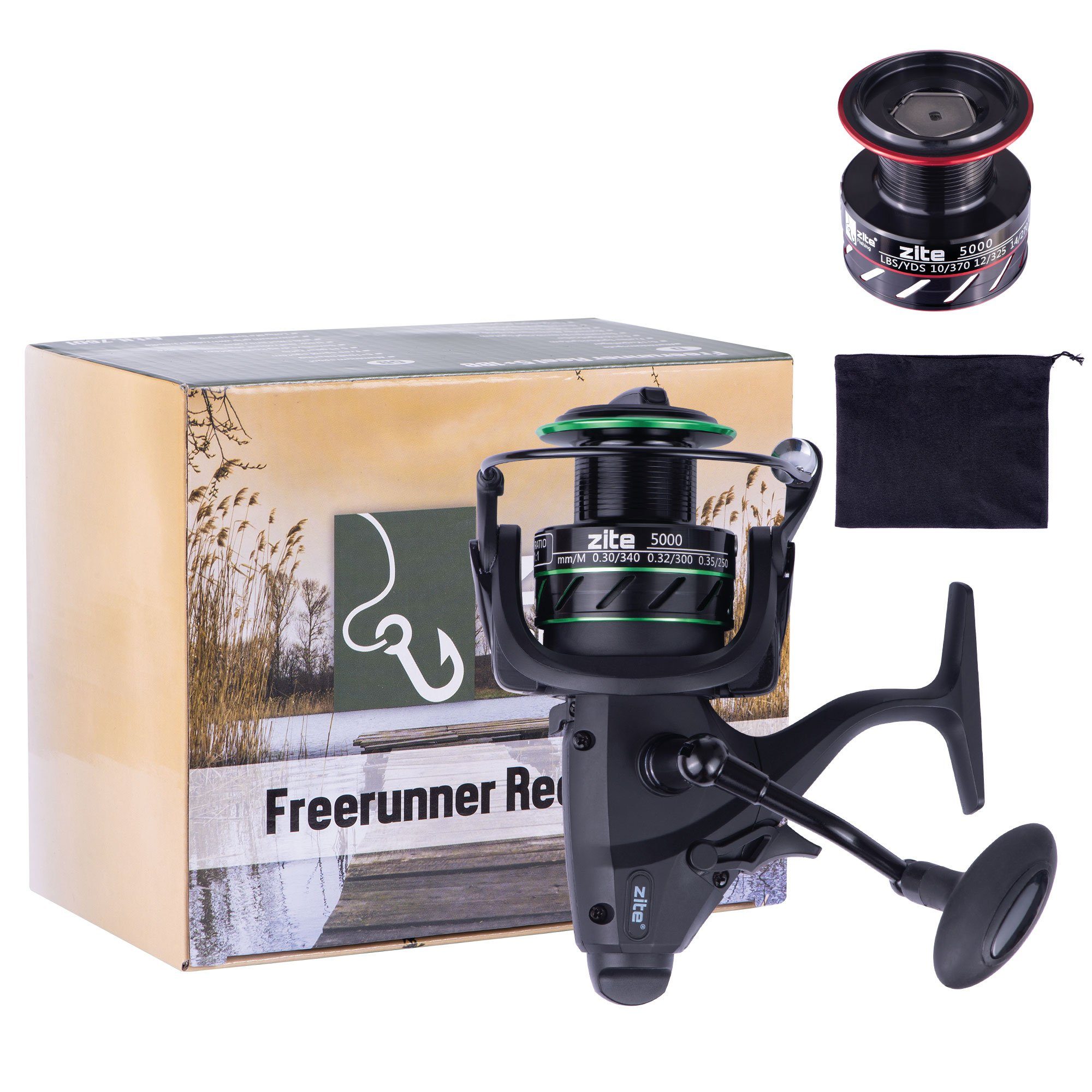 Zite Freilaufrolle Freerunner Reel 5000 5+1BB Karpfenangeln Angelrolle mit 2 Aluspulen)