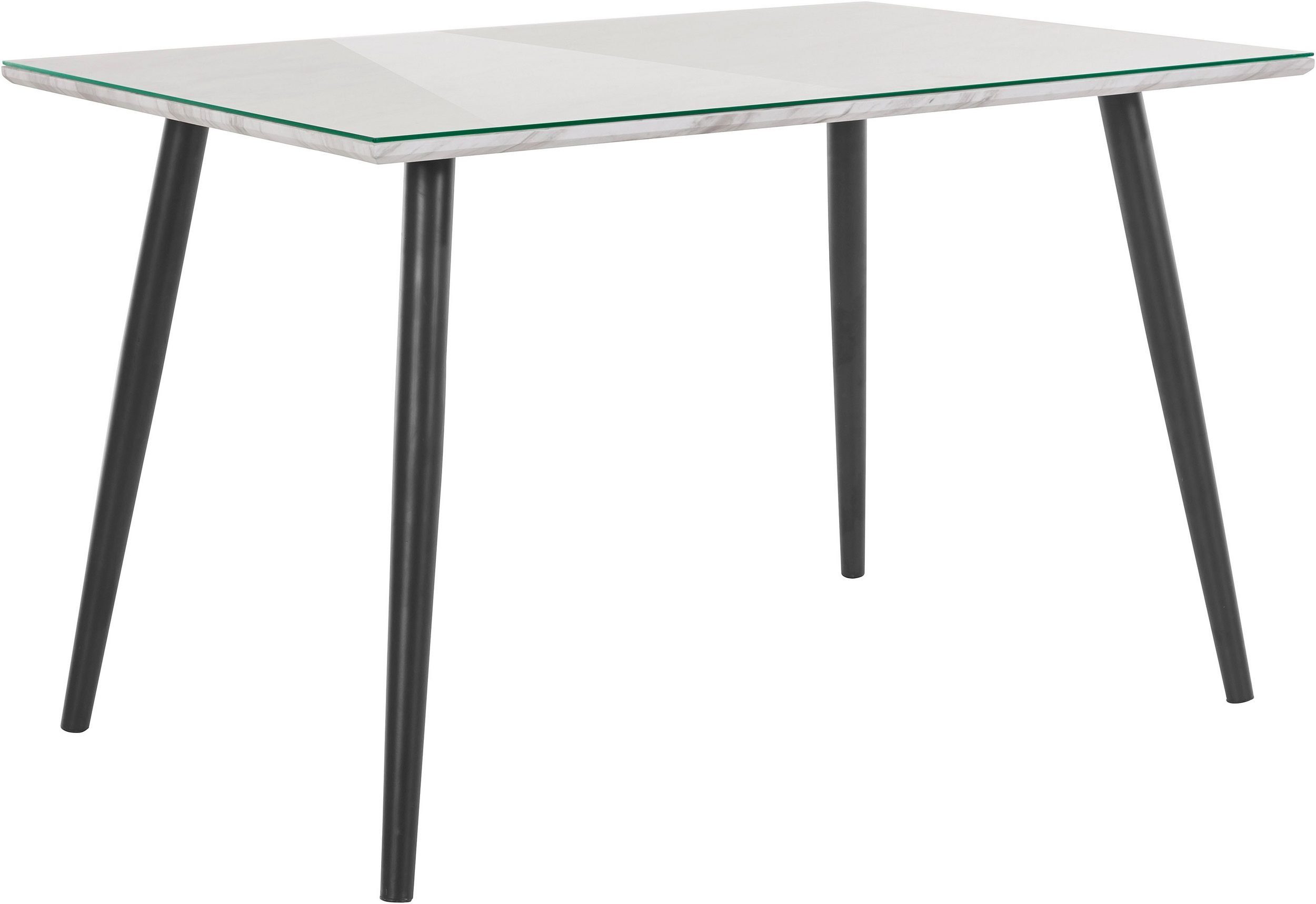 loft24 Esstisch Manny, in Marmoroptik mit Glasplatte, Metallgestell schwarz günstig online kaufen