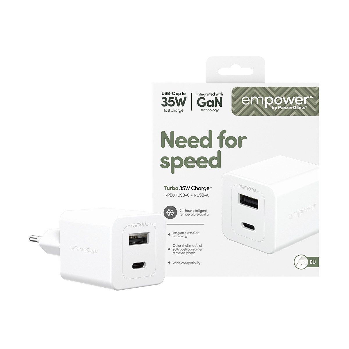 empower by PanzerGlass Turbo 35 W Charger 1x USB-C 1x USB-A EU-Plug USB-Ladegerät