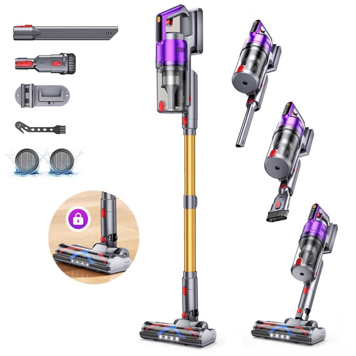 AeroAxis Akku-Hand-und Stielstaubsauger Akku-Stielstaubsauger 70000Pa Saugkraft, 75Min Laufzeit, Selbststehend, 680 W, beutellos, Anti-Tangle-Bürste für Tierhaare & Teppich, 1,8L Große Staubbehälter