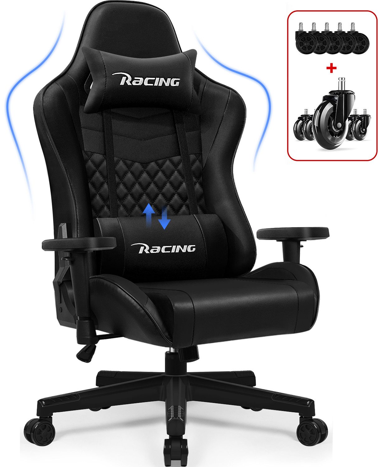 Hiazurm Gaming-Stuhl Gaming Stuhl, Bürostuhl Ergonomisch Wippfunktion bis zu 170° (Gaming Chair Gepolstert mit Verstellbare Lendenkissen, Kopfkissen und Armlehnen), Gamer Stuhl 150kg Belastbarkeit