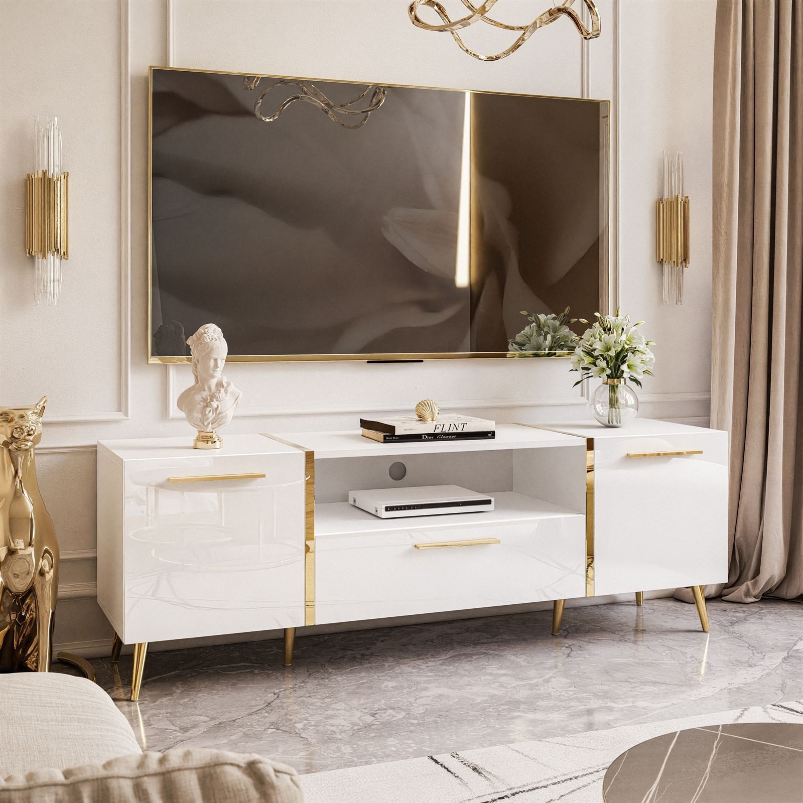 Lookway Lowboard ONYX TV-Schrank auf goldenen Beinen Hochglanz 158 cm Griff günstig online kaufen