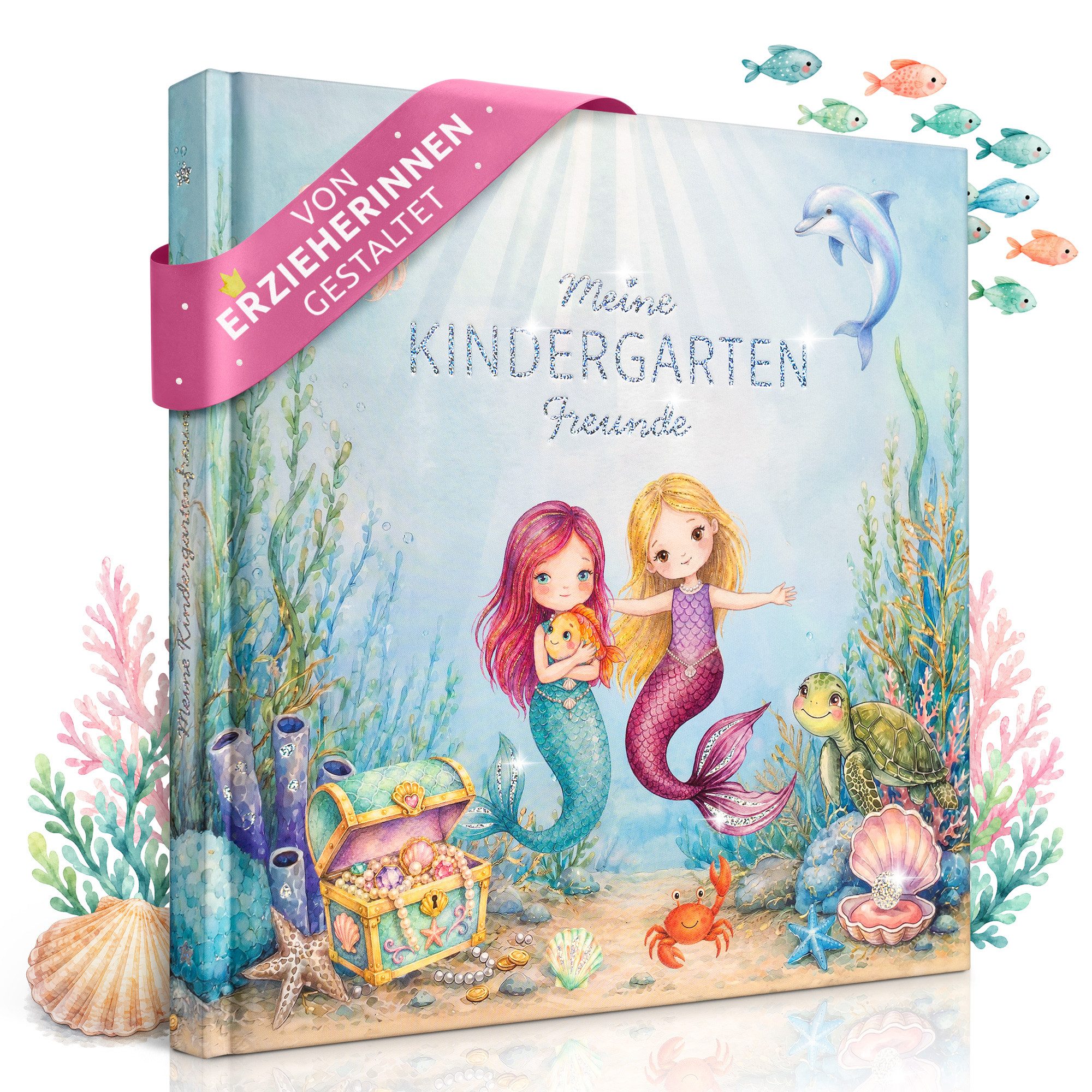 Eulentaler Freundebuch Kindergarten Meerjungfrau für Mädchen, von Erzieherinnen gestaltet, handgemalt, Glitzerprägung, 80 Seiten