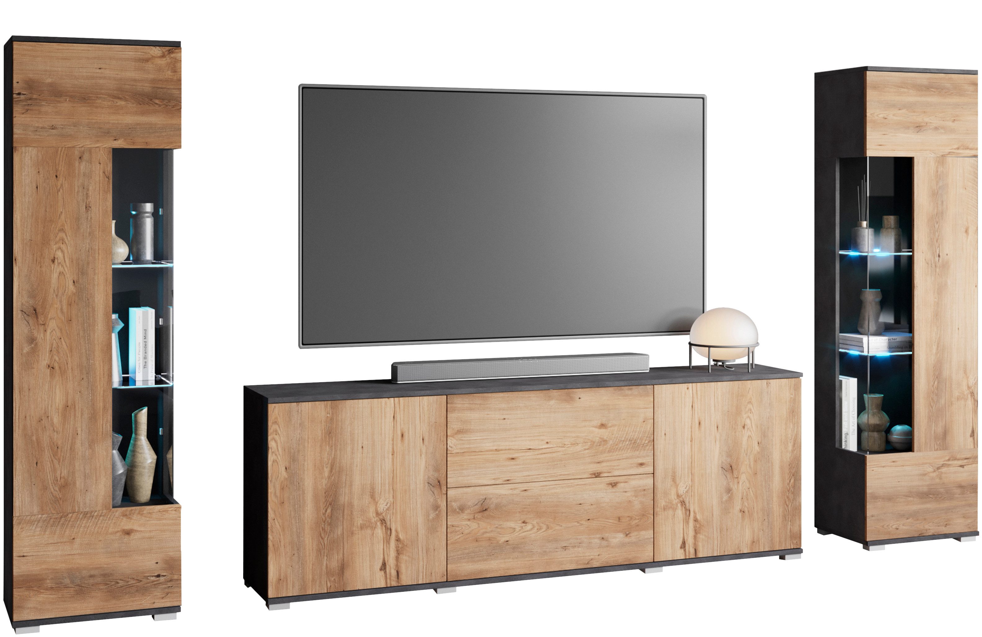 INOSIGN Wohnwand KENIA, (Komplett-Set, 3-St), Vitrinen mit Eckverglasung, h günstig online kaufen