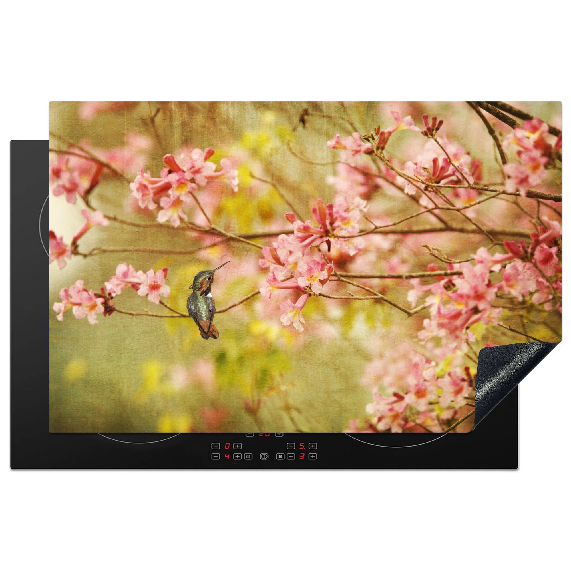 MuchoWow Herdblende-/Abdeckplatte Vogel - Kolibri - Blüte - Rosa, Vinyl, (1 tlg), 81x52 cm, Induktionskochfeld Schutz für die küche, Ceranfeldabdeckung