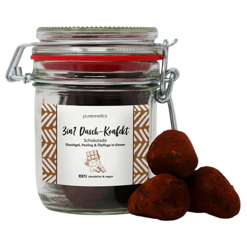 puremetics Körperpeeling 3in1 Dusch-Konfekt - Schokolade 10 Stück im Dekoglas 200g