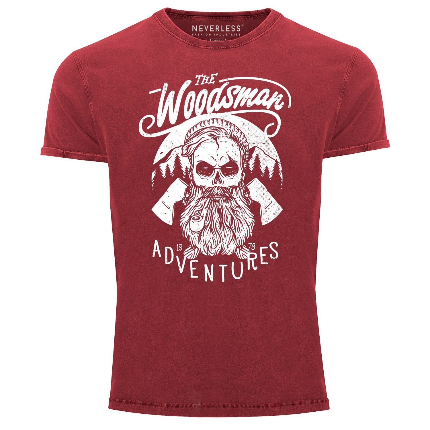 Angesagtes Cooles Print Lumberjack Vintage Neverless Print-Shirt Hipster Woodsman mit Bart Fit Slim T-Shirt Neverless® Aufdruck Herren Look Used Skull rot Shirt