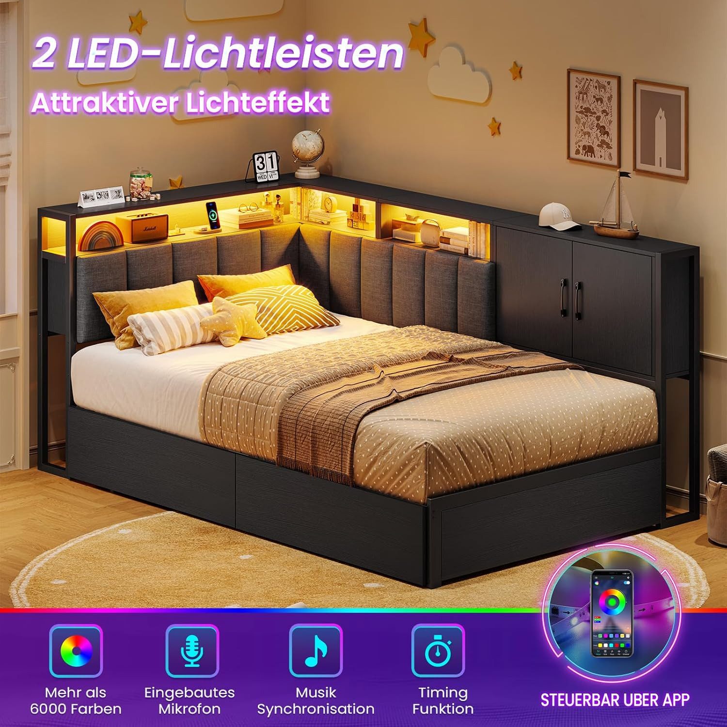 KIMENICH Polsterbett Schlafsofa mit LED-Beleuchtung, Jugendbett mit 2 Schubladen (1-tlg., Ohne Matratze), Kopfteil mit offenem Regal und Schrank, 90x190cm – Bild 5 von 5