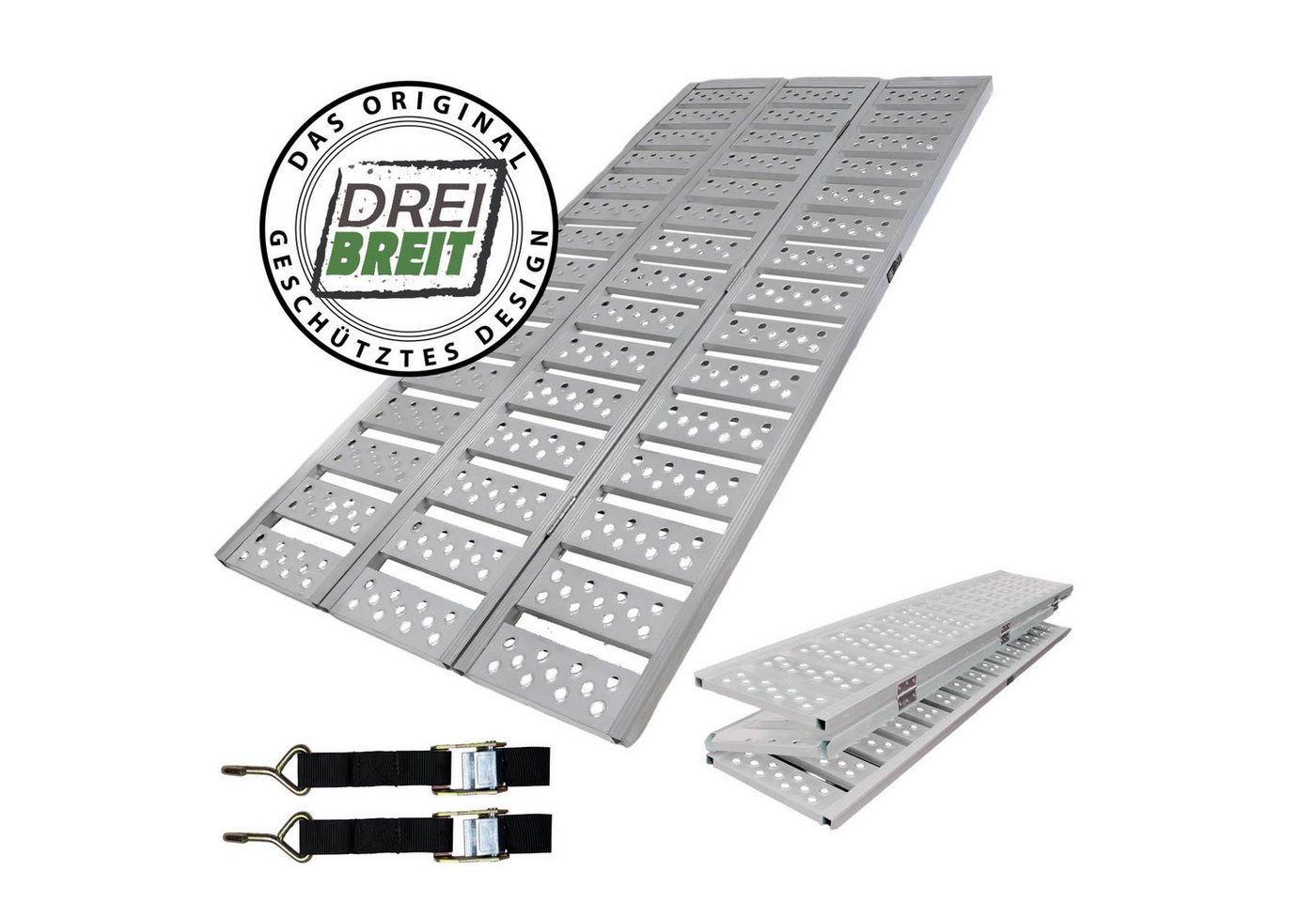 TRUTZHOLM Auffahrrampe DREIBREIT 2-fach klappbar 215 cm Tragkraft 1020 kg Alu gelocht gerillt (1-St., Inkl. 2x Spanngurt), klappbar