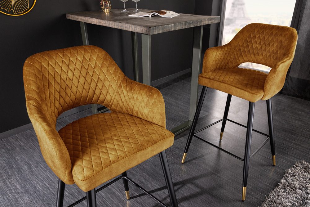 riess-ambiente Barhocker PARIS gelb/schwarz/gold - Samt, Metall, mit Armlehne & Ziersteppung (Einzelartikel, 1 St), gepolstert & im edlen Look – ideal für Kücheninsel & Hausbar