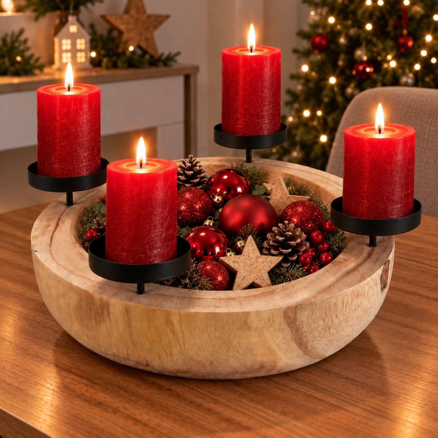 Online-Fuchs Adventskranz für 4 Stumpenkerzen - große Schale aus Paulownia Holz - Weihnachtsdeko, verbindet einen natürlichen Look mit vielen Gestaltungsmöglichkeiten