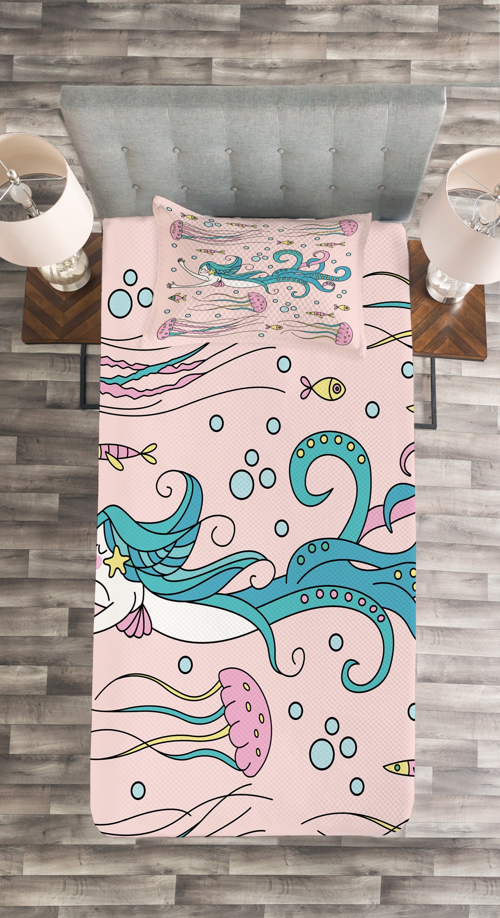 Mermaid Zusammenfassung Kissenbezügen Waschbar, Tagesdecke Set Abakuhaus, mit Fisch Seeungeheuer
