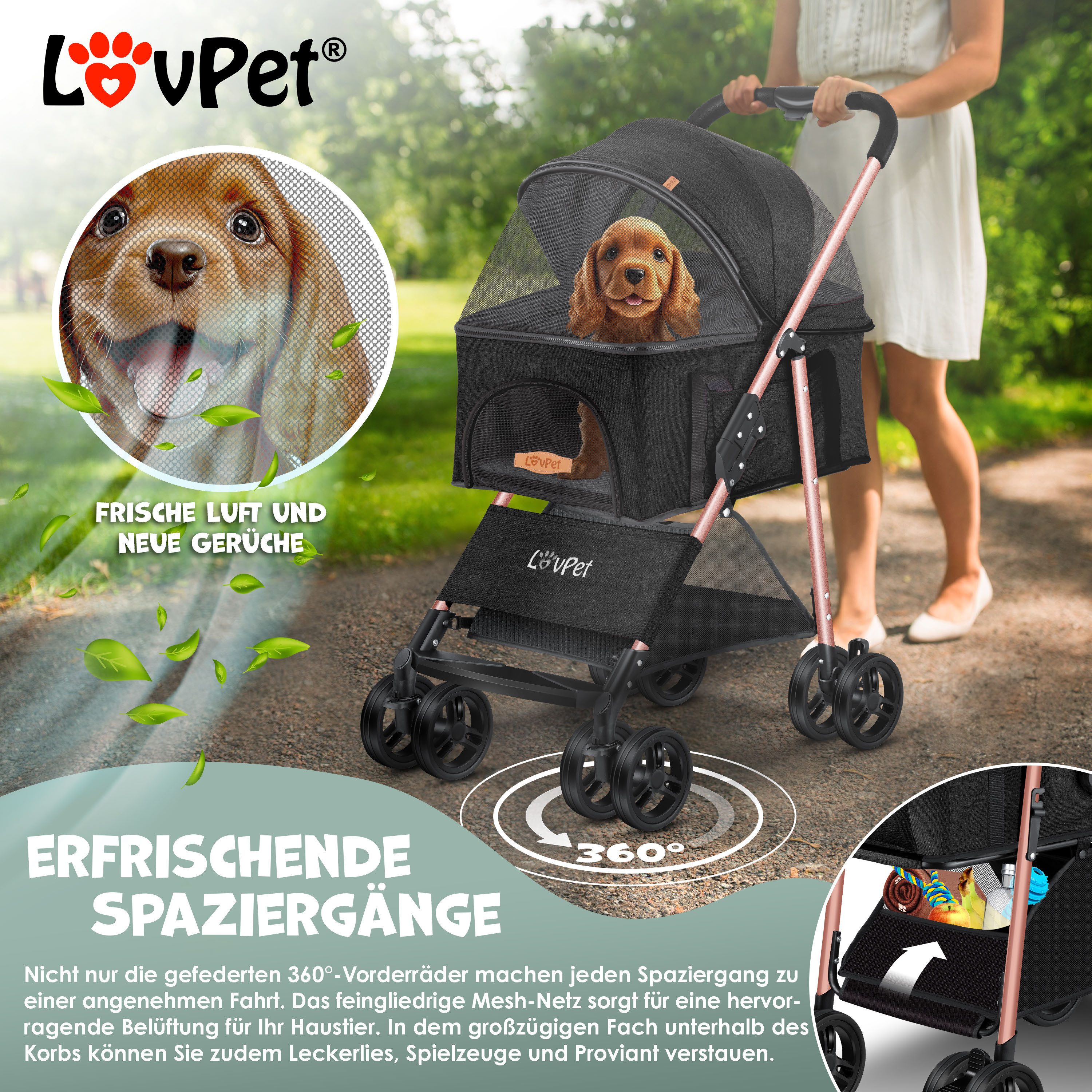 Lovpet Hundebuggy 2in1 Hundewagen max. bis 20kg Buggy für Haustiere, (Hundebox & Tasche mit Regenschutzabdeckung Getränkehalter Kuscheldecke), Haustier- & Katzenbuggy faltbar & klappbar mit Netzfenster