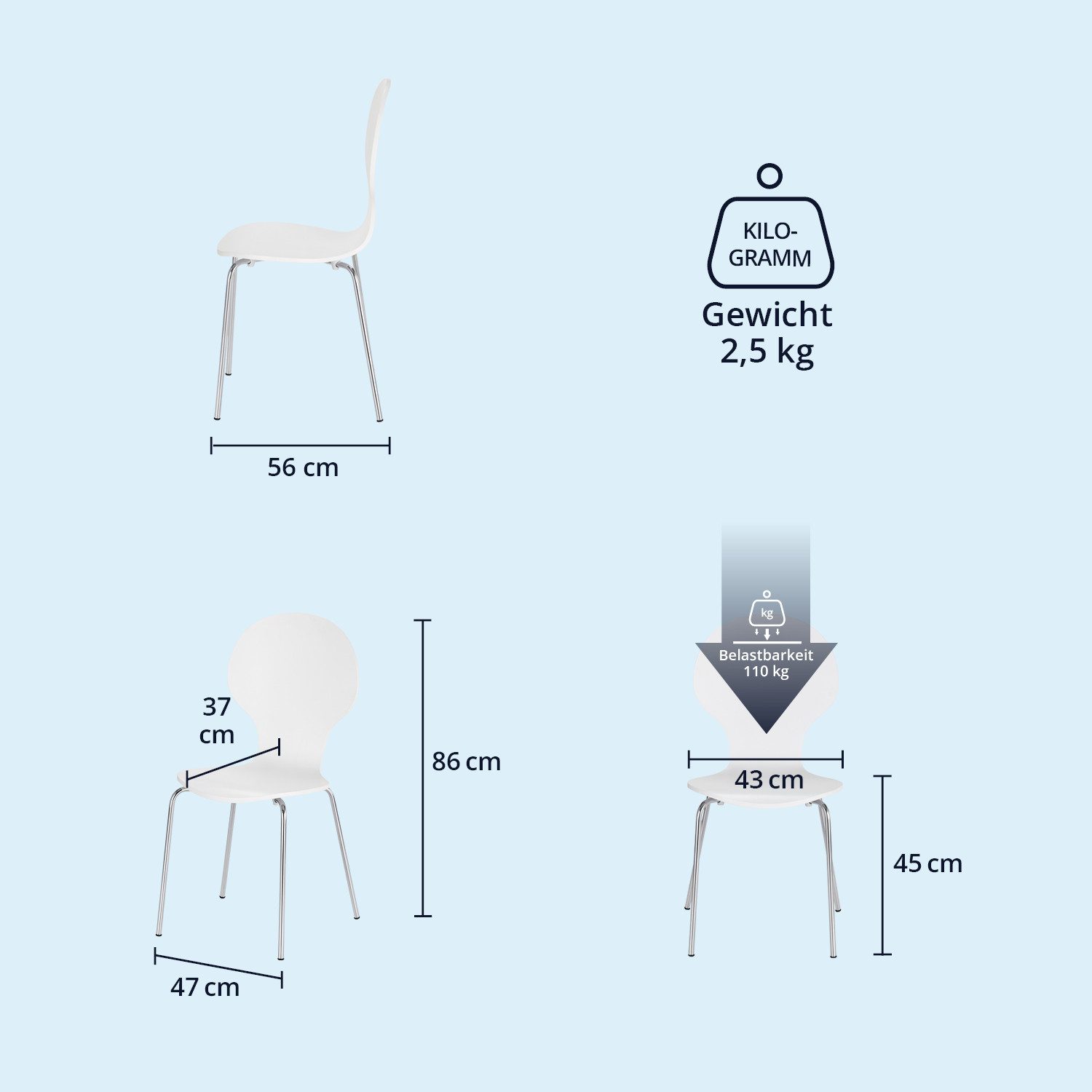 KHG Stapelstuhl Esszimmerstuhl Weiß, bis 110 kg belastbar, Modern, Stapelbar, Einteilige Sitzschale, Metallgestell verchromt silber