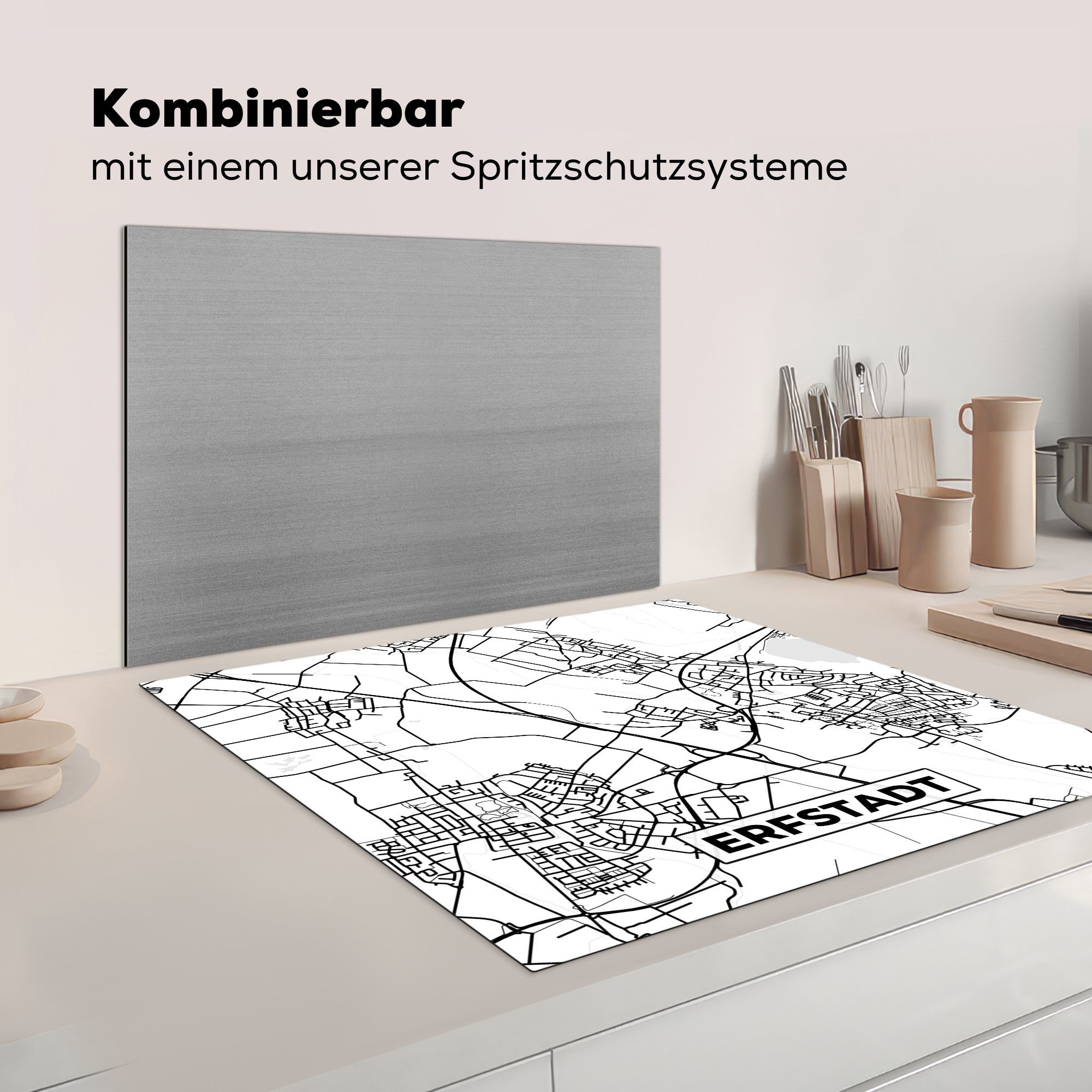 cm, 78x78 tlg), Erfstadt küche Stadtplan, - Vinyl, für Karte Arbeitsplatte (1 Herdblende-/Abdeckplatte Ceranfeldabdeckung, MuchoWow -