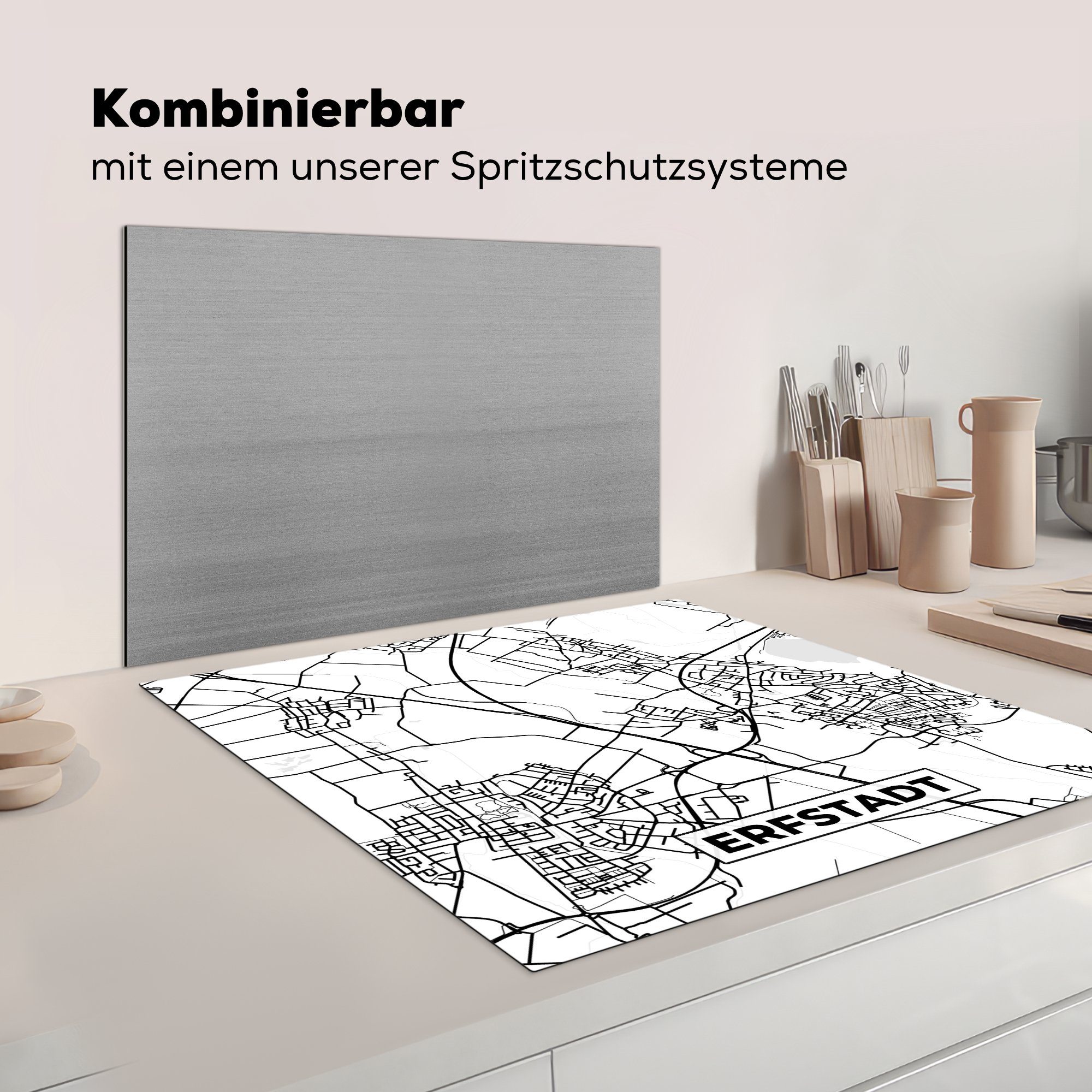 für Herdblende-/Abdeckplatte küche cm, - Stadtplan, Karte (1 Vinyl, Arbeitsplatte Erfstadt Ceranfeldabdeckung, - 78x78 tlg), MuchoWow