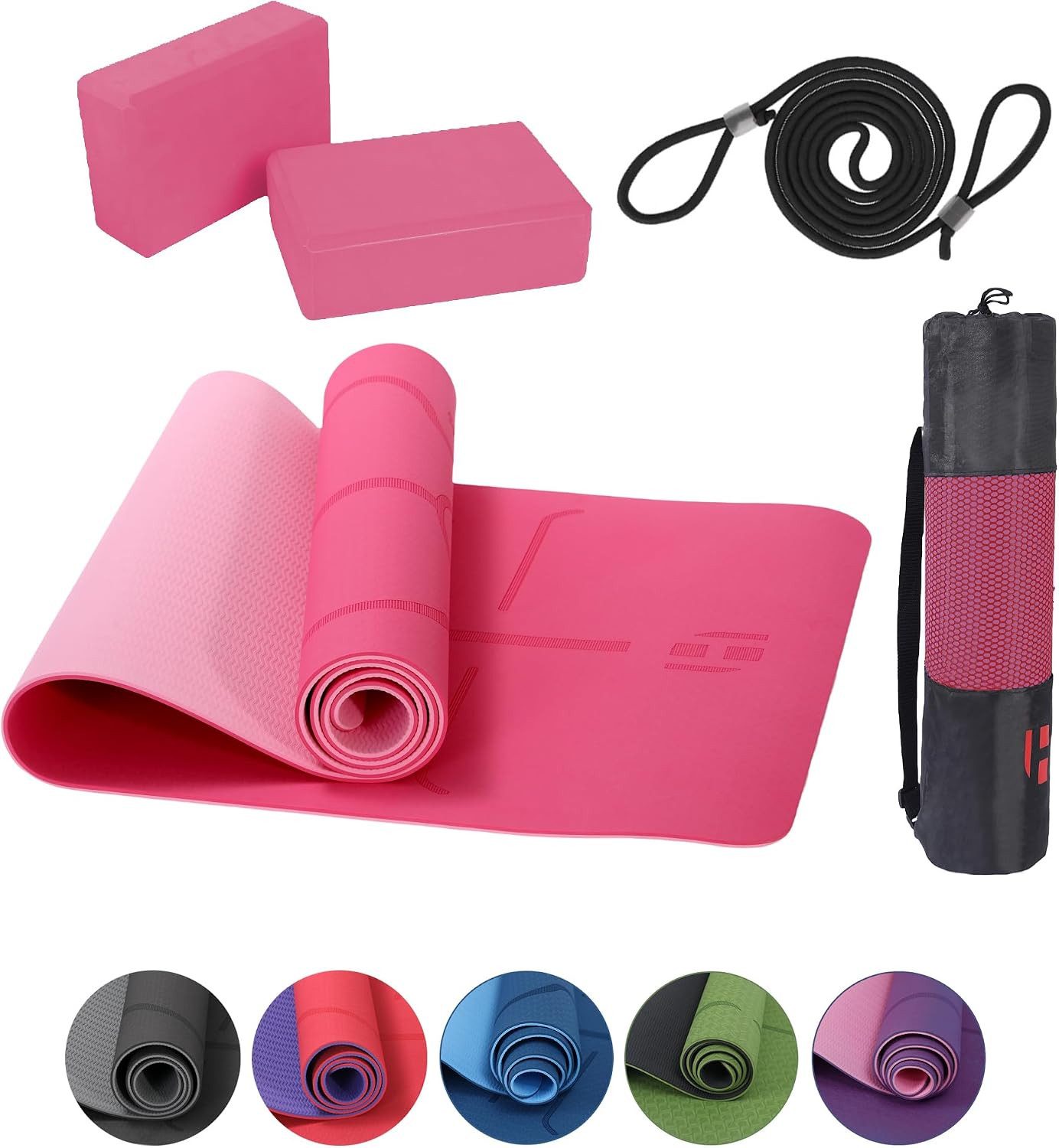Habib Gruppe Yogamatte 6 mm rutschfest, Yoga Set mit 2 Yogablöcken und Tragetasche