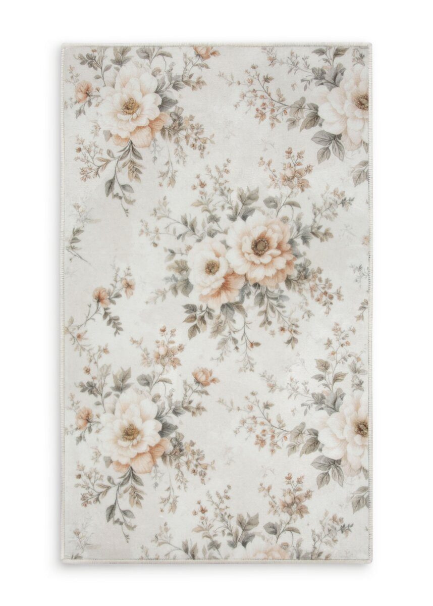 Eurofirany Teppich NATUR, rechteckig, Höhe: 5 mm, Blumen Vintage, floraler Teppich mit Printmuster, rutschhemmend