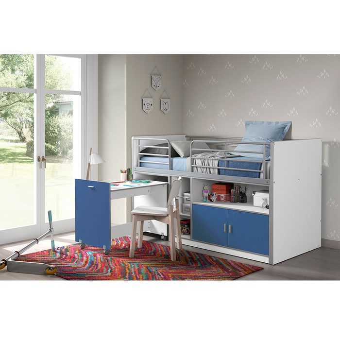 Lomadox Hochbett Kinderbett BONNY-12 mit rollbarem Schreibtisch 90x200cm Weiß Blau