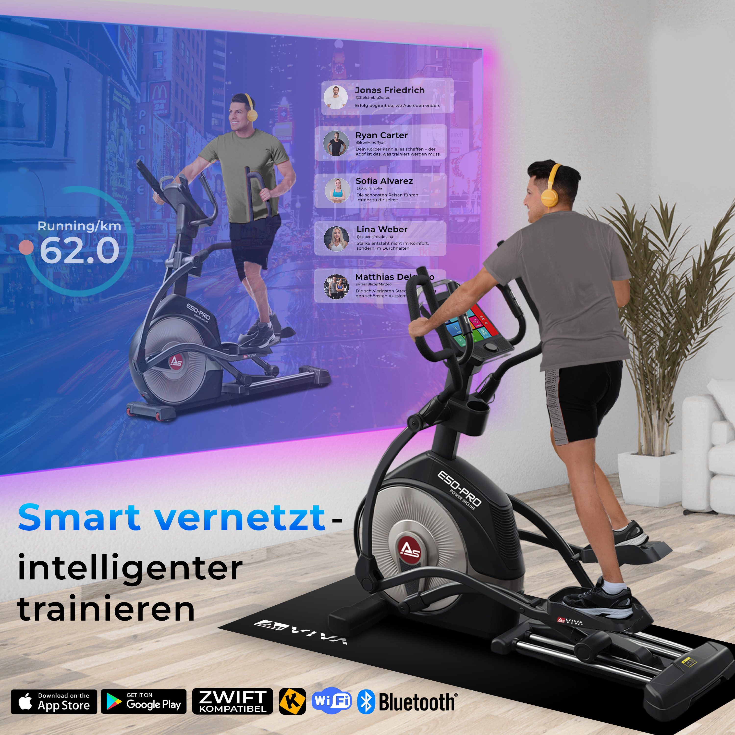 AsVIVA Crosstrainer-Ergometer E50 Pro, Ellipsentrainer für gelenkschonendes Training Zuhause, 26 kg Schwungmasse, Großes Touch-Display, Streaming & Apps