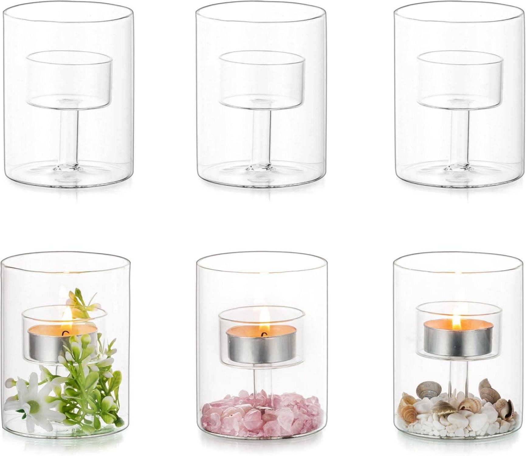 Gläser-Set Kerzenhalter Teelichthalter Zylinder Glas Vintage 6er Set Weihnachten