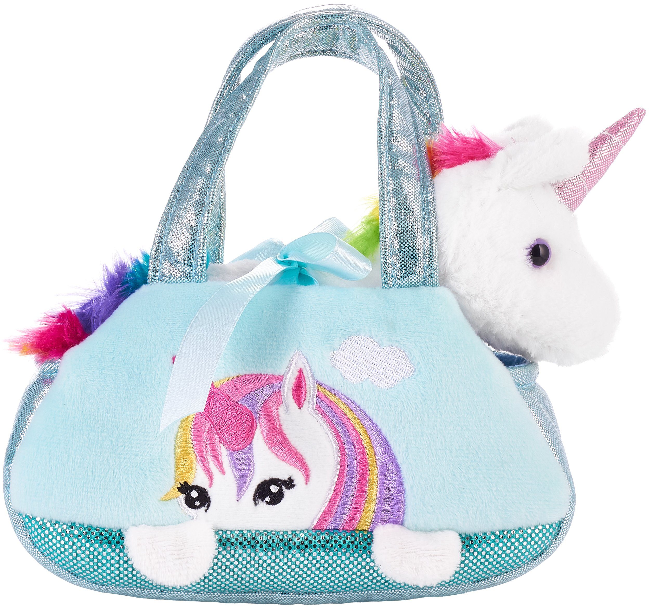 BRUBAKER Kuscheltier Einhorn Tasche Regenbogen 20 cm (1-St., Plüschtier in Handtasche), Glitzer Stofftier
