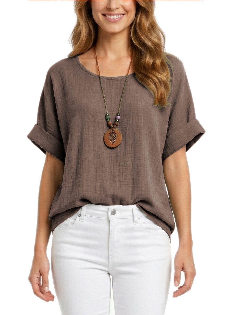 dy_mode Kurzarmbluse Damen Kurzarm Bluse Leichte Sommer Tunika Baumwollbluse Oberteil in Unifarbe, mit passende Kette