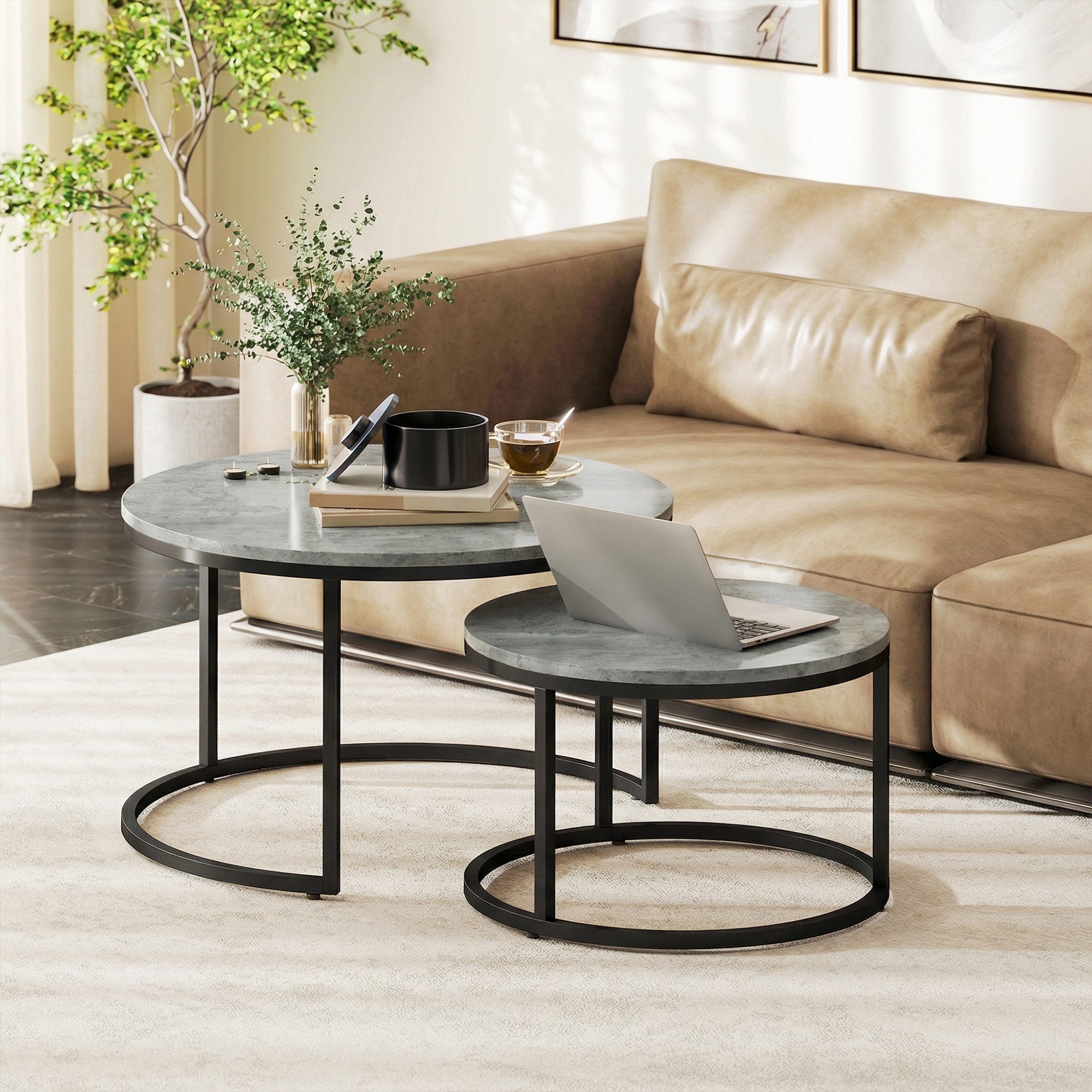 HOMCOM Couchtisch runder stapelbarer Beistelltisch, Kaffeetisch mit Zementoptik (Satztisch, 2-St., Wohnzimmertisch), 78,5 x 78,5 x 46,5 cm, Grau