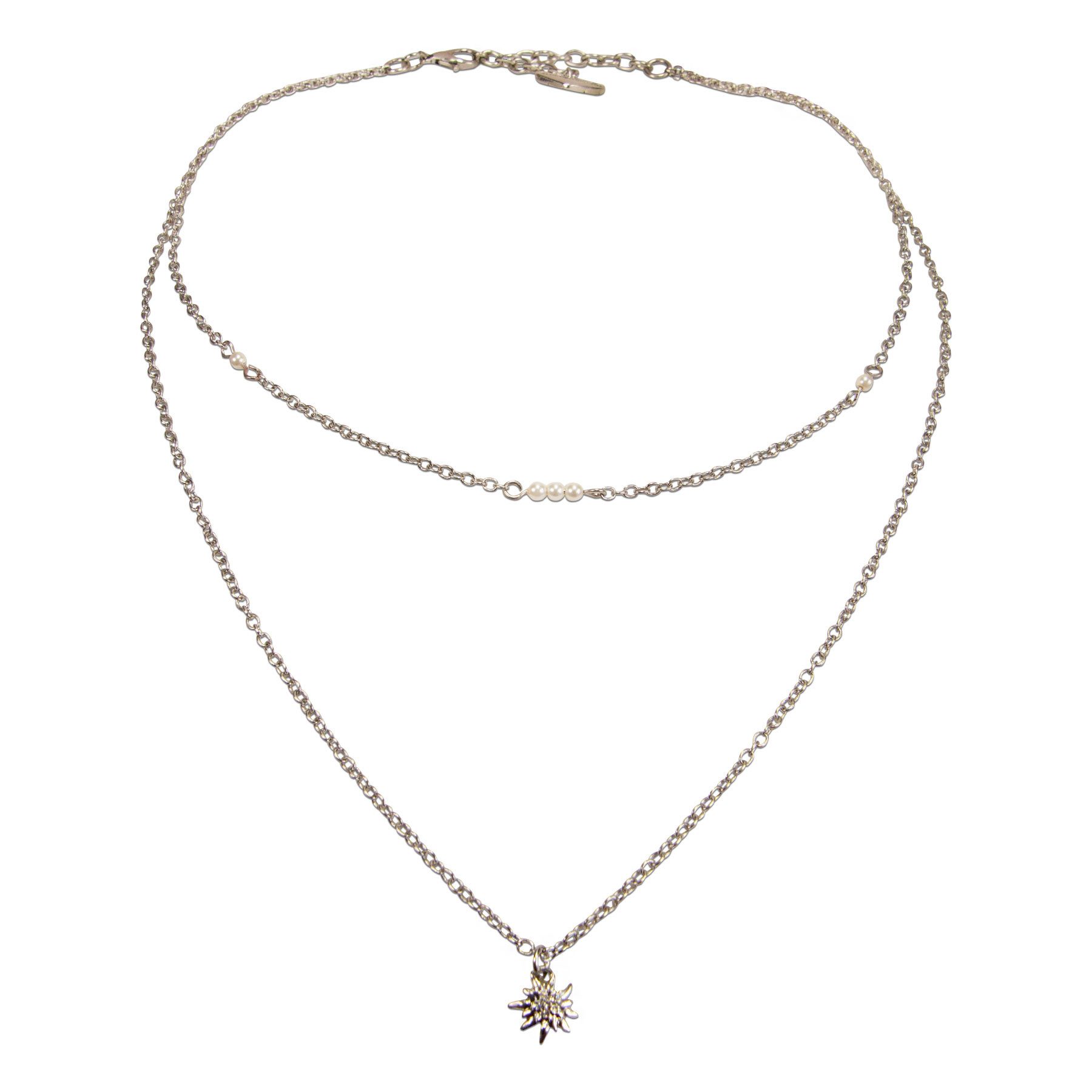 Alpenflüstern Collier Trachten-Metallhalskette Edelweiss zweireihig (silber-farben), - nostalgische Trachtenkette, eleganter Damen-Trachtenschmuck, Dirndlk