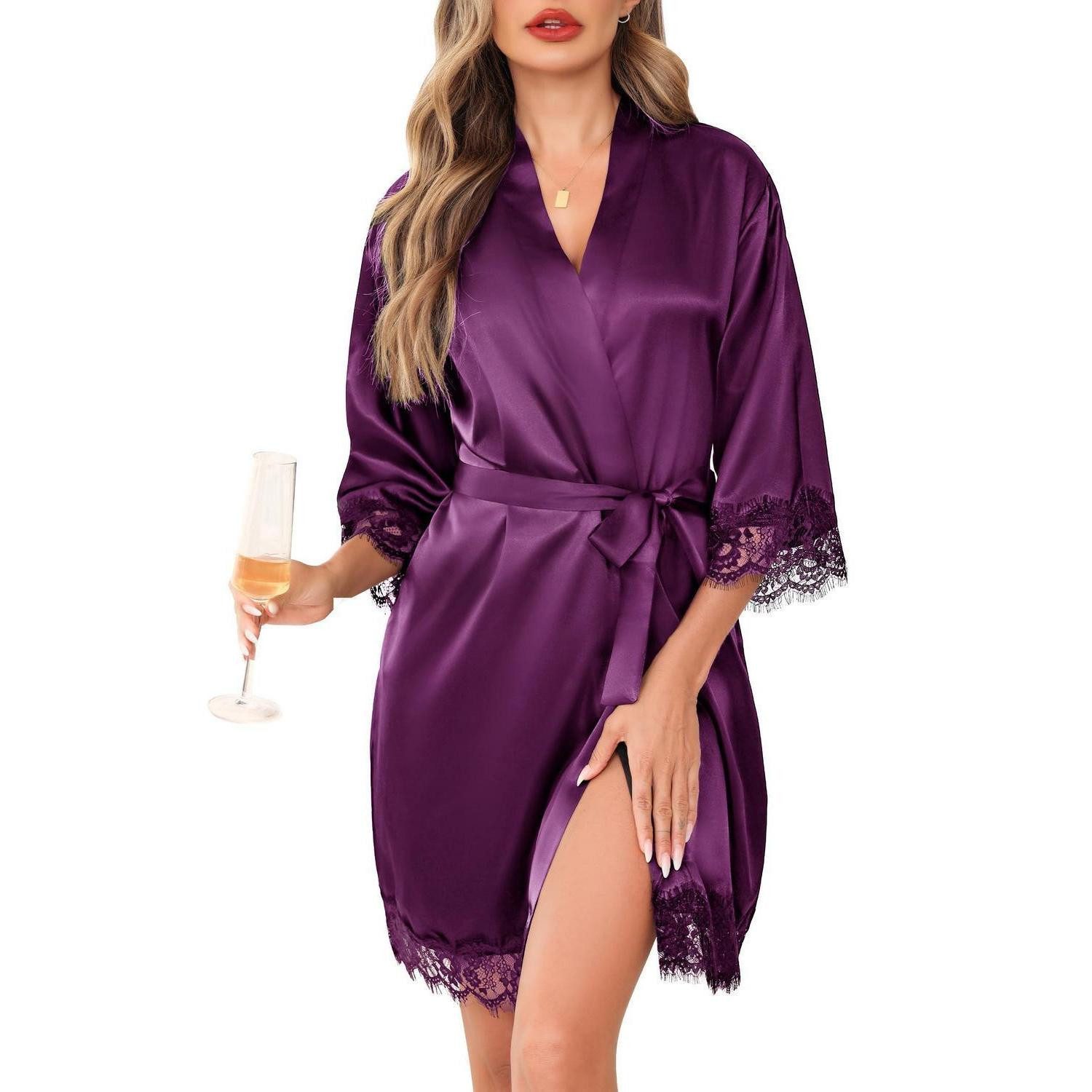 LuxusKollektion Damenbademantel Bademantel Damen Satin Kurz Spitze L Dunkelviolett, Textil, Kimono-Kragen