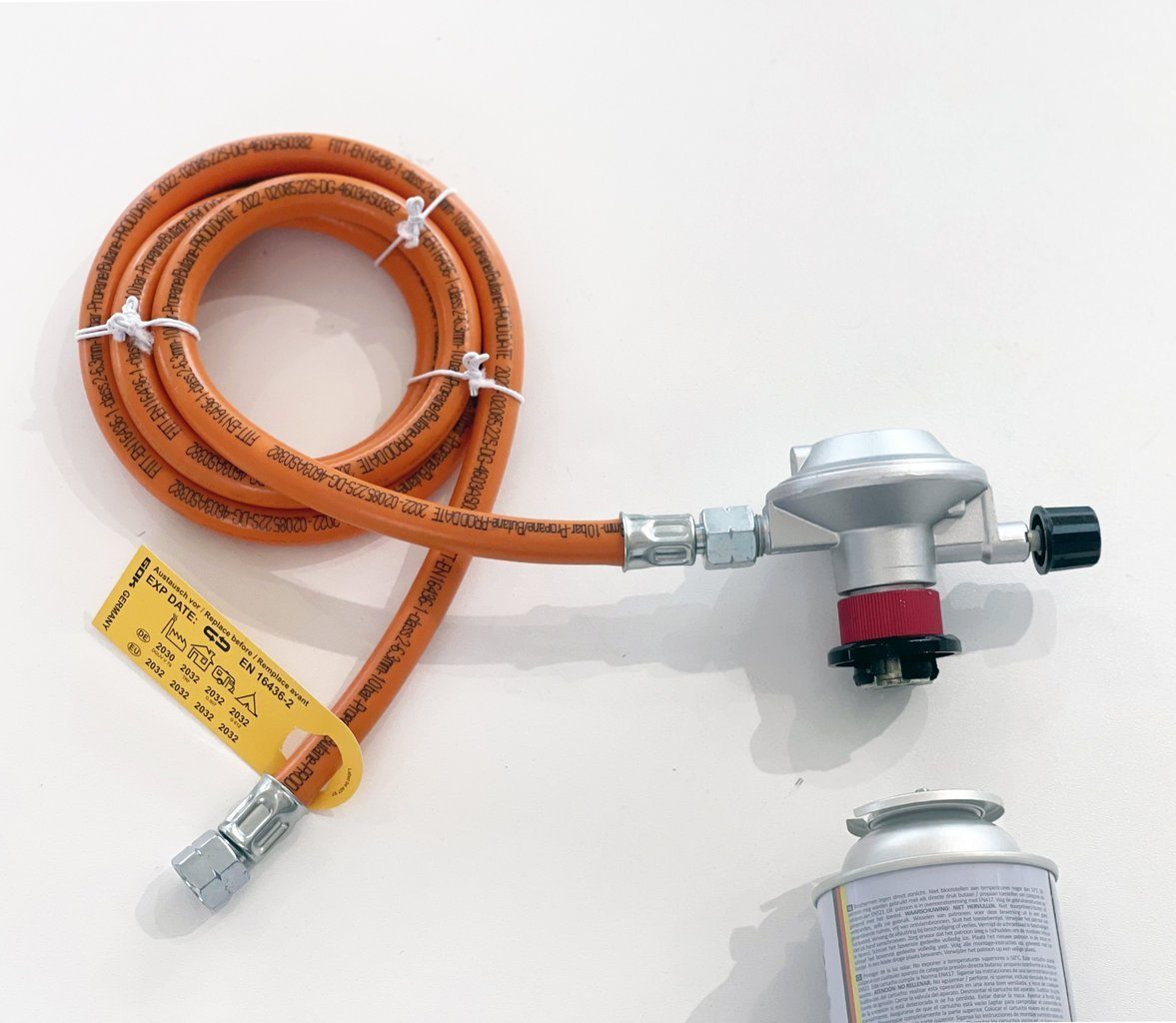 Phönix Germany Camping-Gas Butan Gasschlauch Druckminderer Anschluss Set 50 mbar, Gaskartusche Adapter für Gaskocher Grill