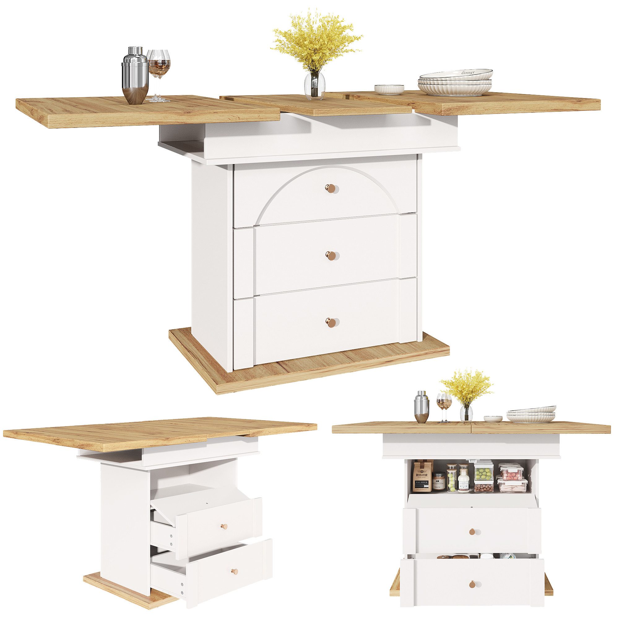 i@home Esstisch Esstisch Ausziehbarer Esszimmertische Küchentisch Kücheninsel, Küchentisch für 4-6 Personen, weiß/schwarz,(110-140×80cm)