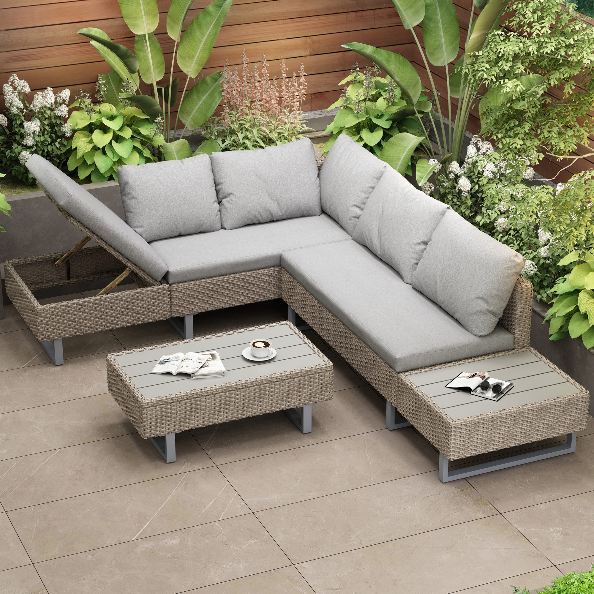 Flieks Gartenlounge-Set, 5-Sitzer L-förmiges Gartenmöbel PE-Rattan günstig online kaufen