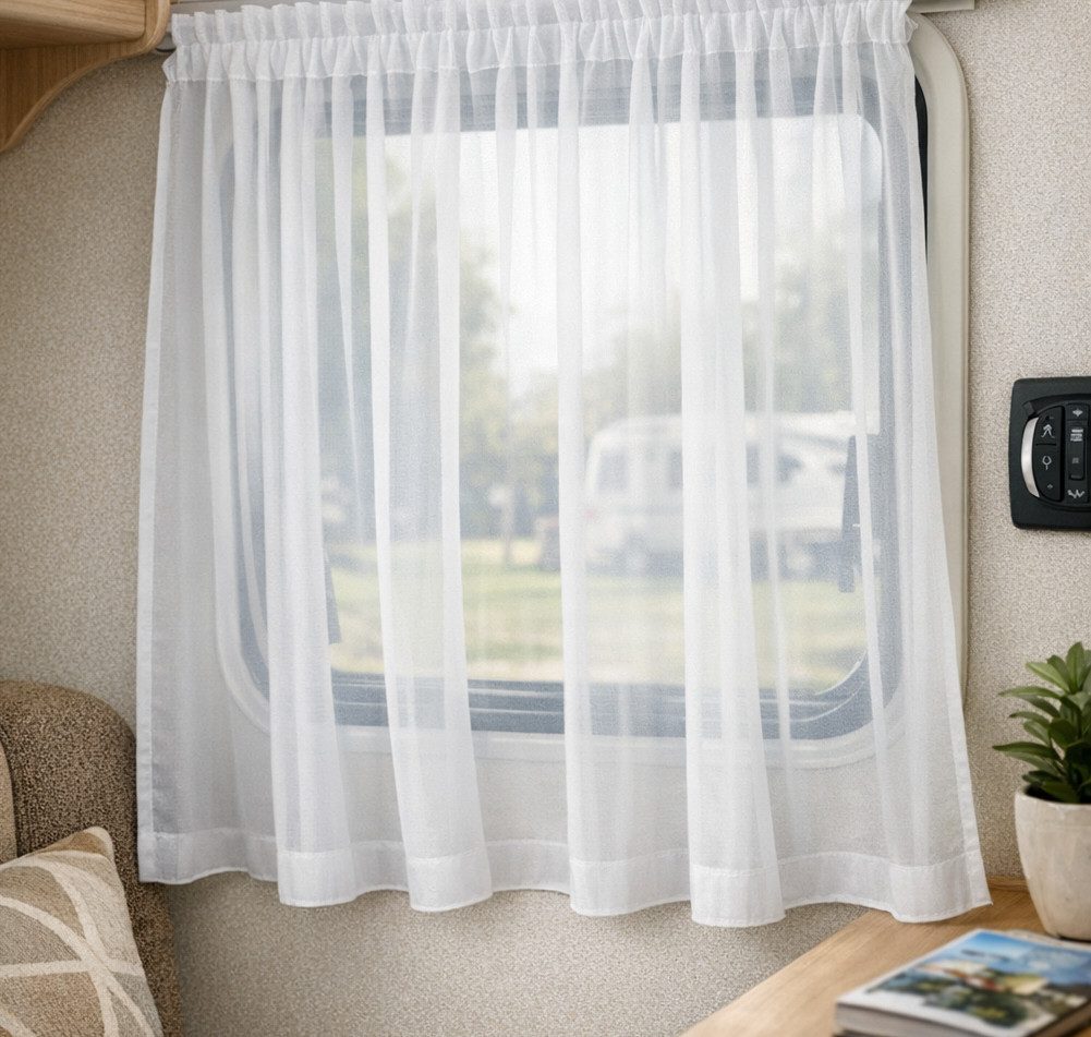 novumfix Gardine für Caravan, Voile weiß transparent, verschiedene Höhen, Kräuselband, transparent, transparent